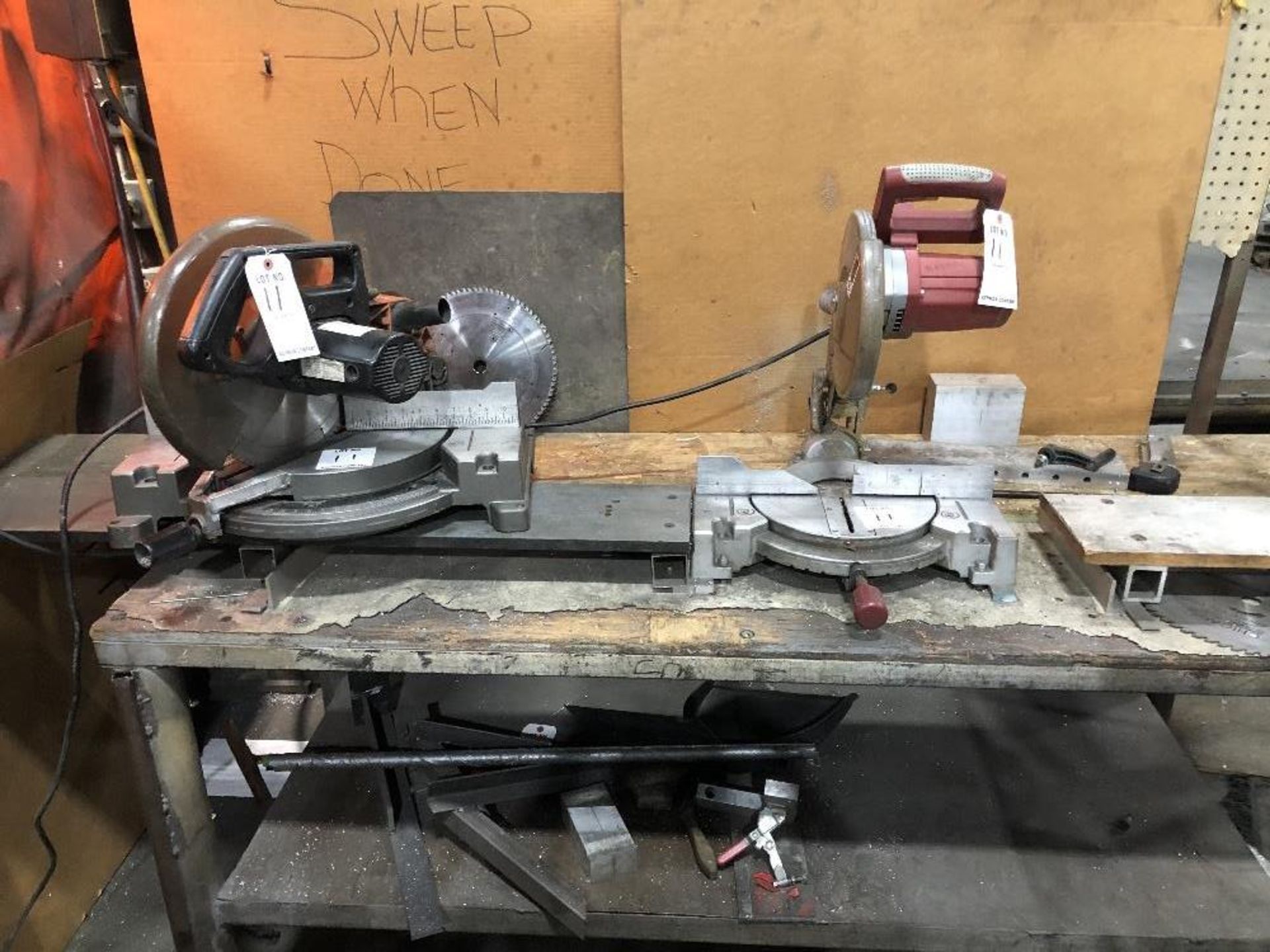 Lot: (1) Chicago 12" Miter Saw (1) Chicago 10" Miter Saw with Shop Table