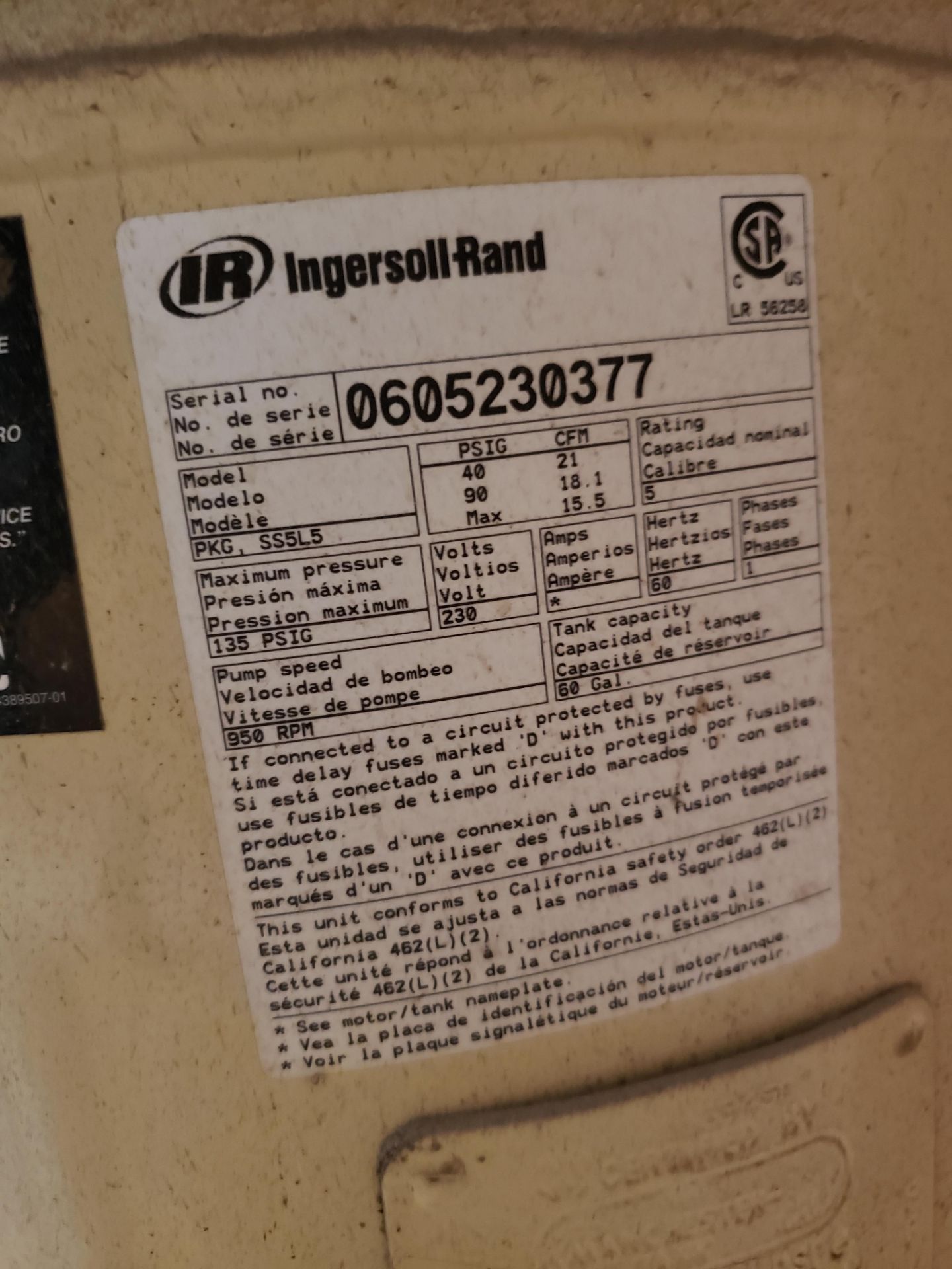 Ingersoll Rand 5 HP Vertical Tank Mount Air Compressor - Image 2 of 2