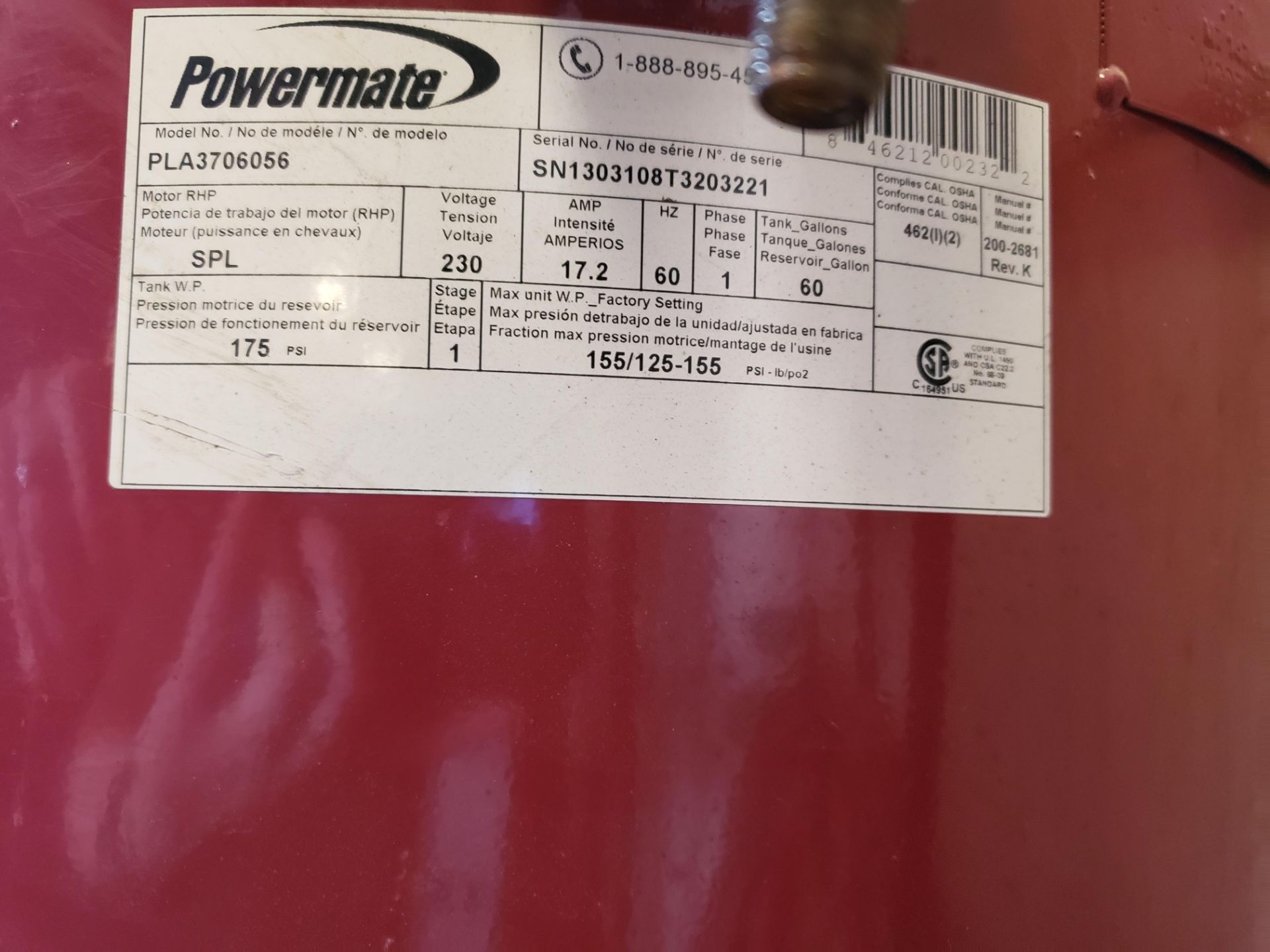 Powermate 3.7 HP Vertical Tank Mount Air Compressor - Image 3 of 3