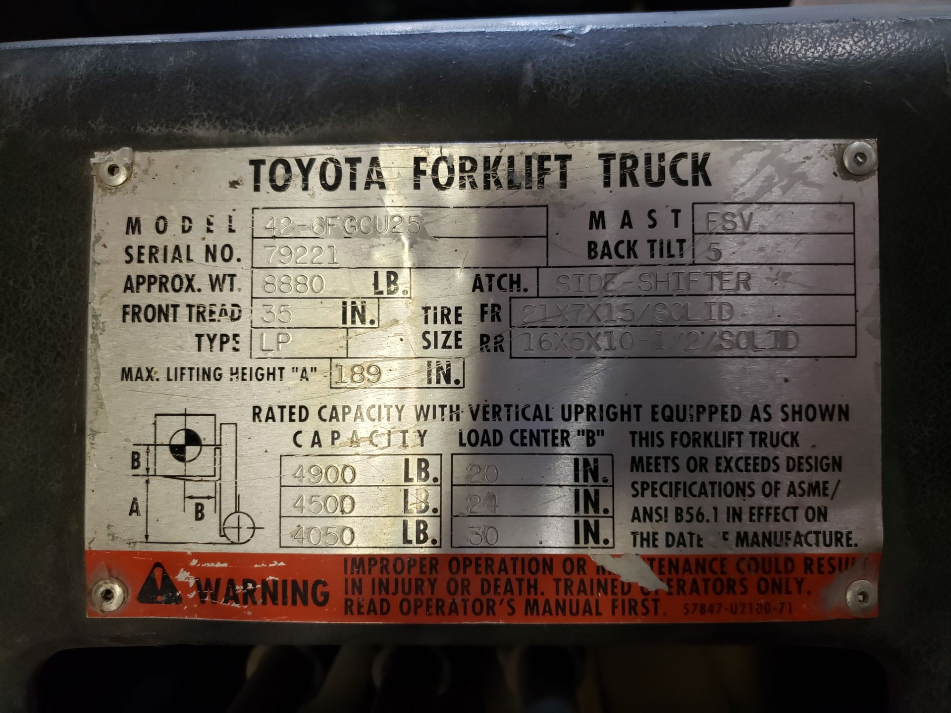 Toyota Model 42-6FGCU25 5,000-Lb Capacity Forklift - Image 7 of 7