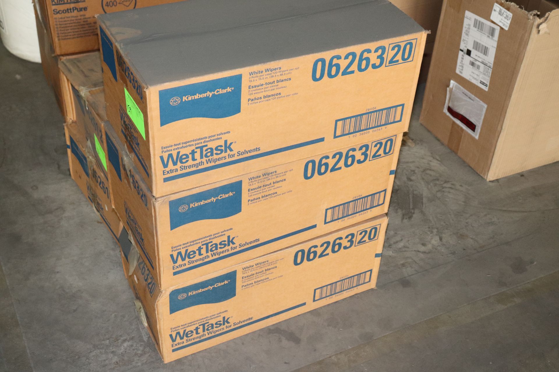 Three boxes of Kimberly Clark Wettask extra strength wipers for solvents