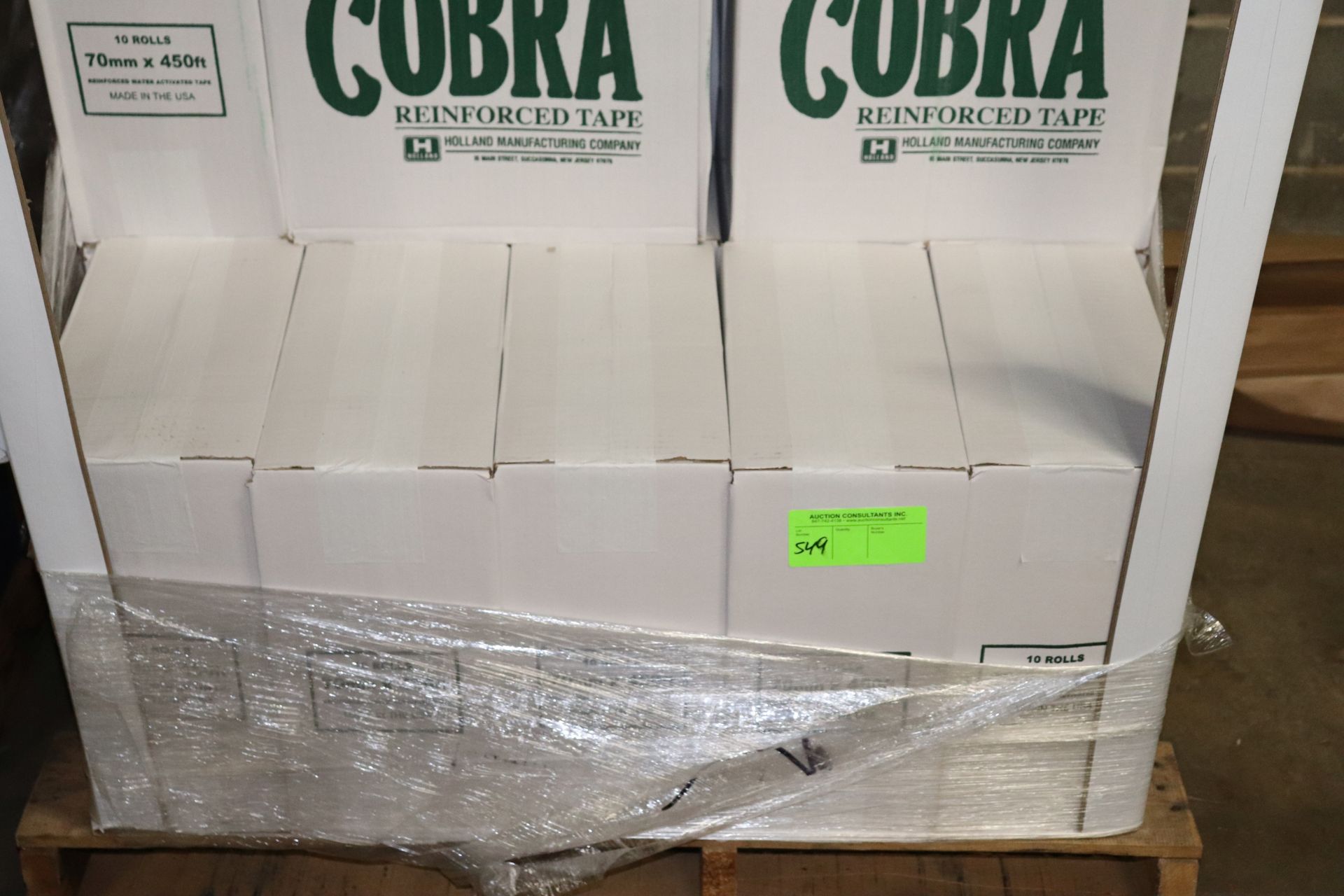 Fourteen boxes of Cobra reinforced tape, ten rolls per box, 70mm x 450' per roll