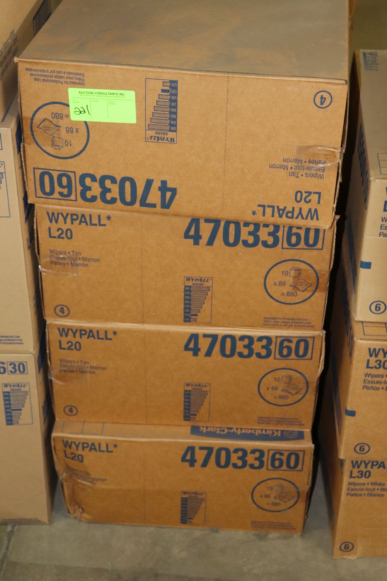 Group of four boxes of Wypall L20 wipers, tan, ten per box