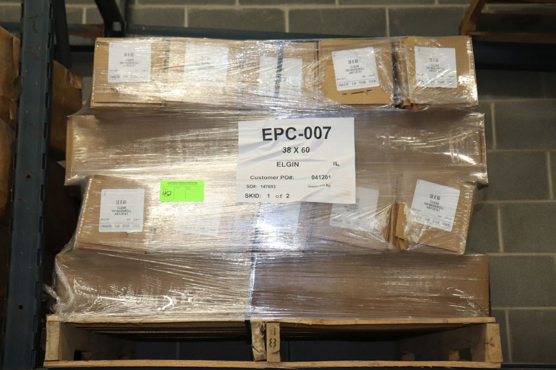 Pallet of clear bags, anti-static, 38" x 60", 100 bags per roll