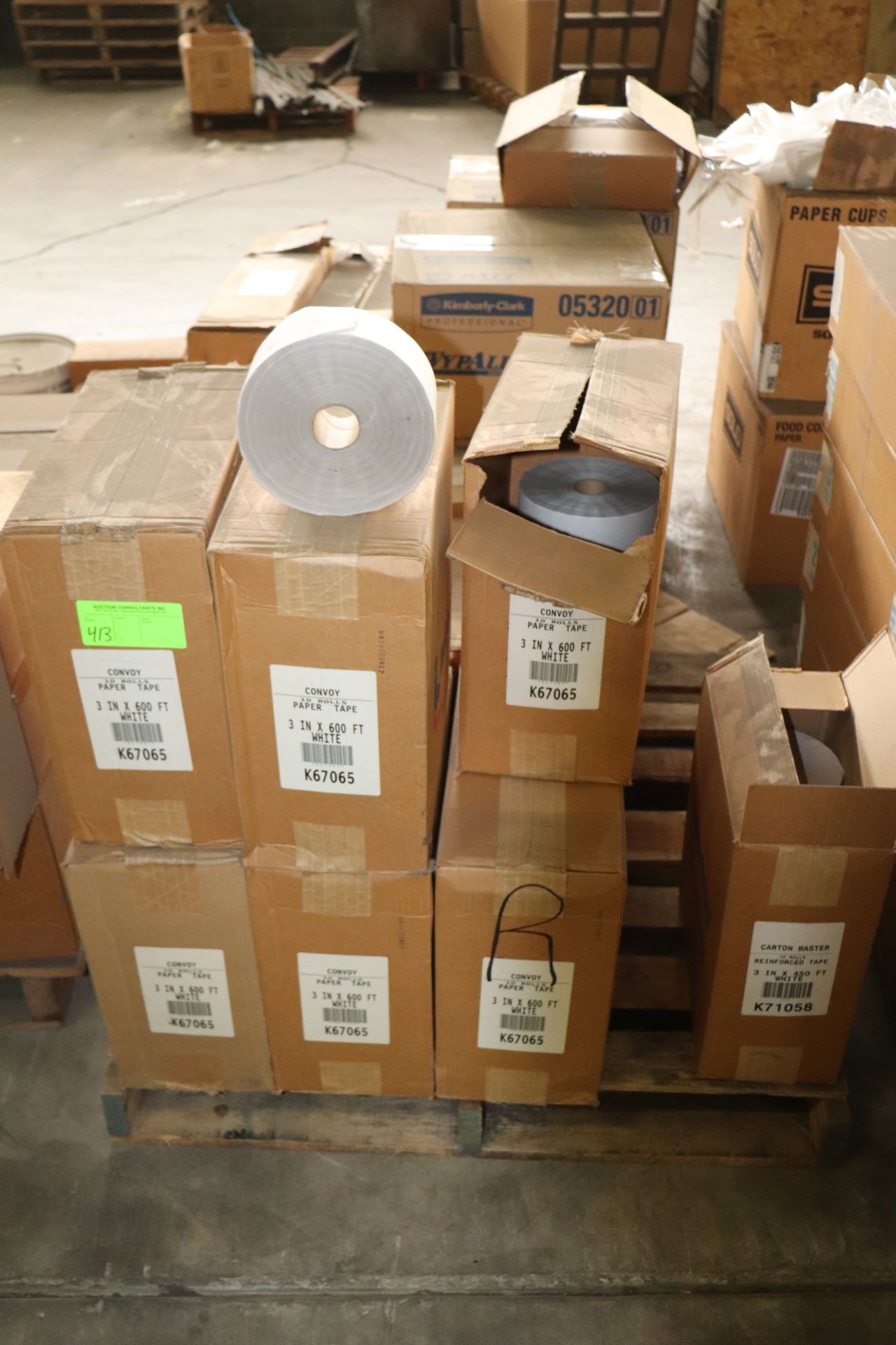 Twelve boxes of Convoy paper tape, white, 3" x 600', ten rolls per box