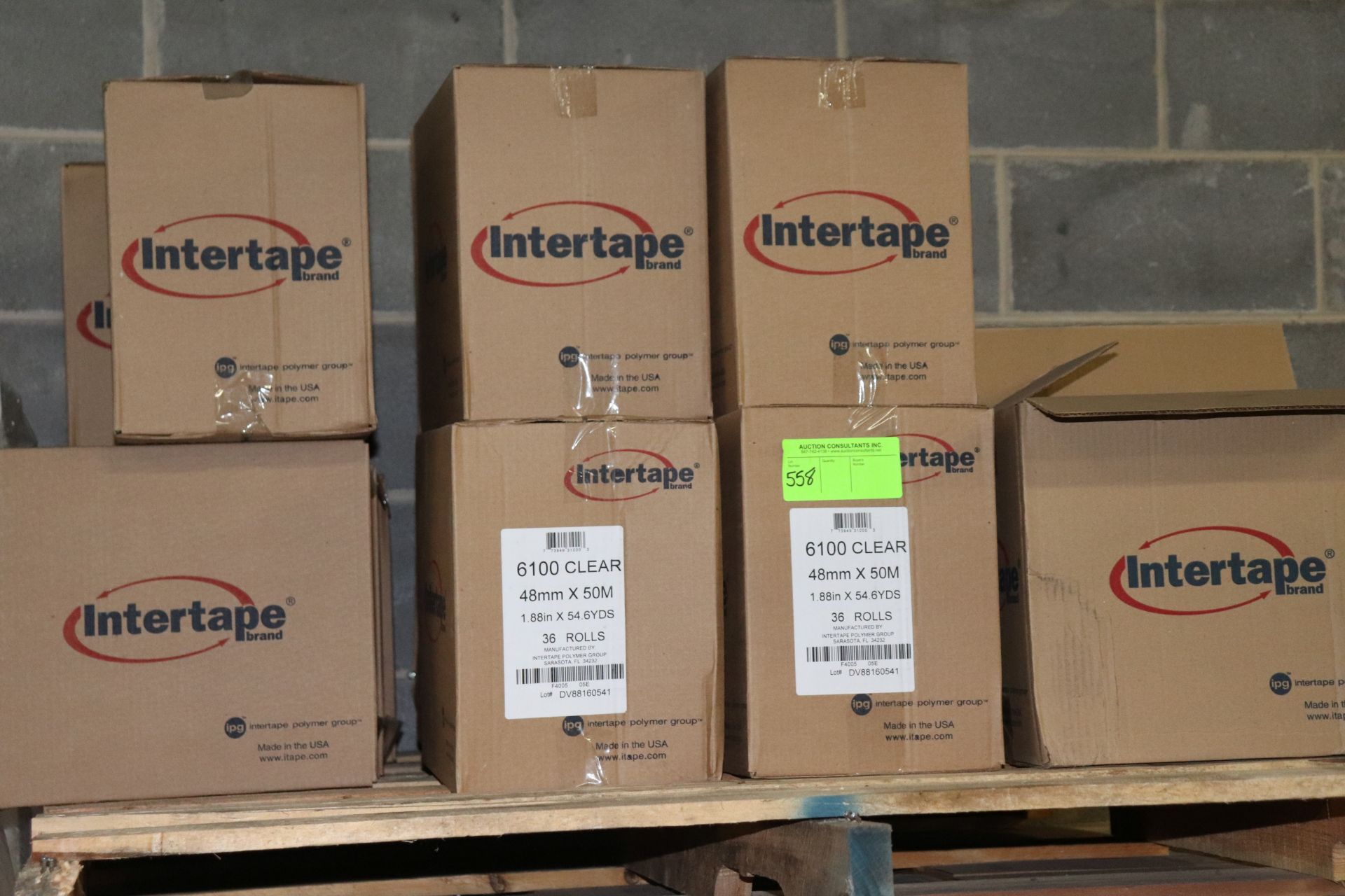 Approximately 16 boxes of Intertape brand clear tape, 48mm x 50m, 36 rolls per box