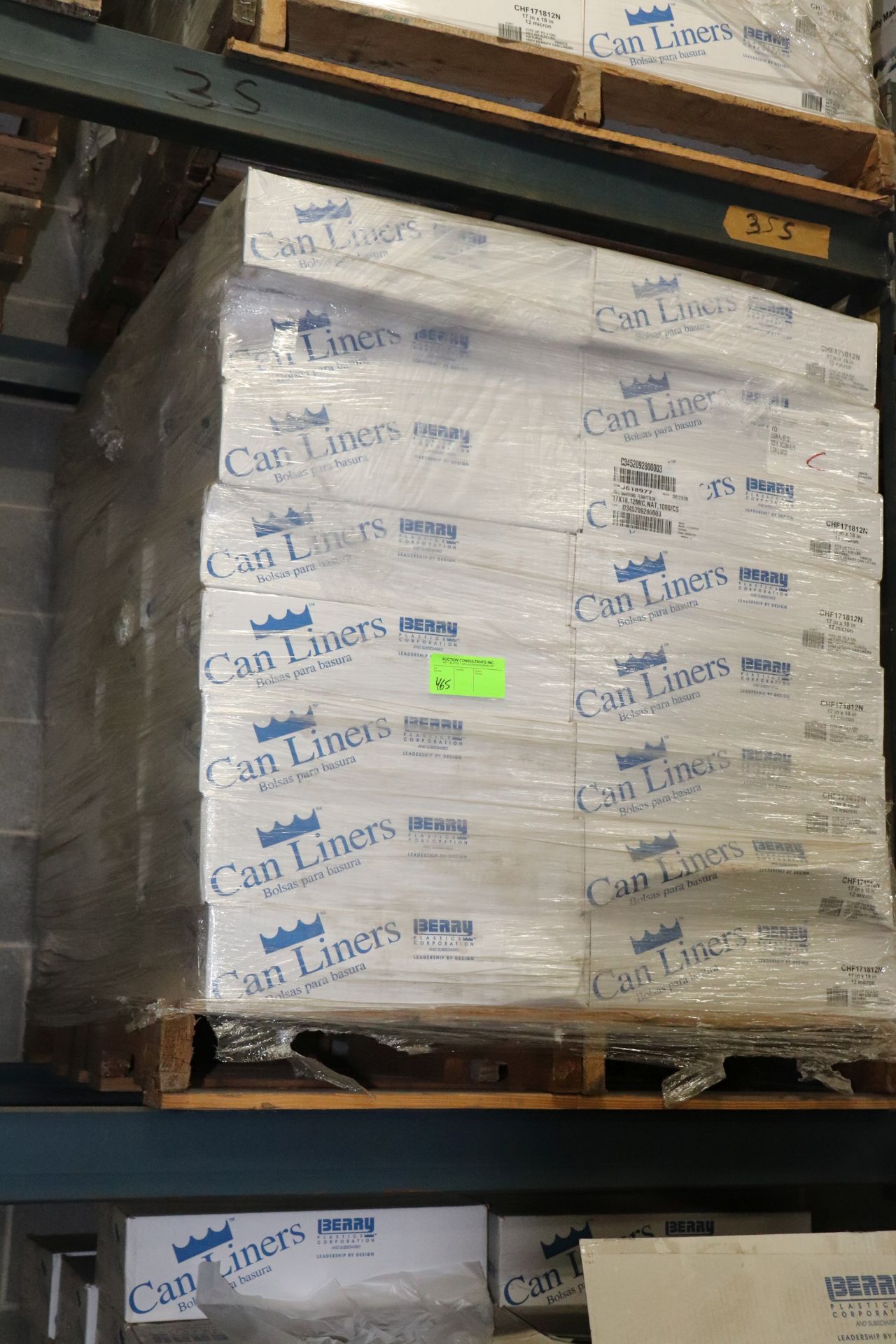 Pallet of can liners, 17" x 18", 12 microns, 1,000 per box, approximately 64 boxes