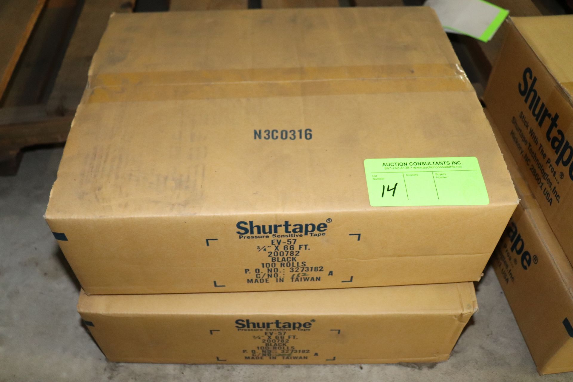 Two boxes of Shurtape black pressure sensitive tape, 3/4" x 66' each, 100 rolls each