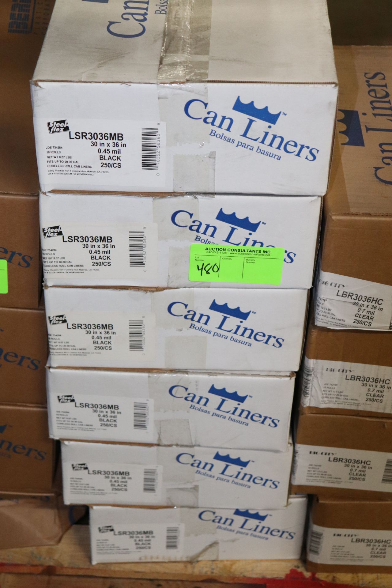 Six boxes of can liners, 30" x 36", .45 mil, black, 250 per case