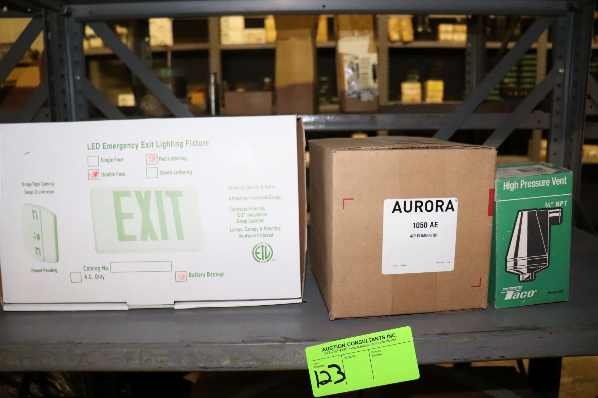 LED emergency exit lighting fixture, Aurora air eliminator, and Taco high pressure vent