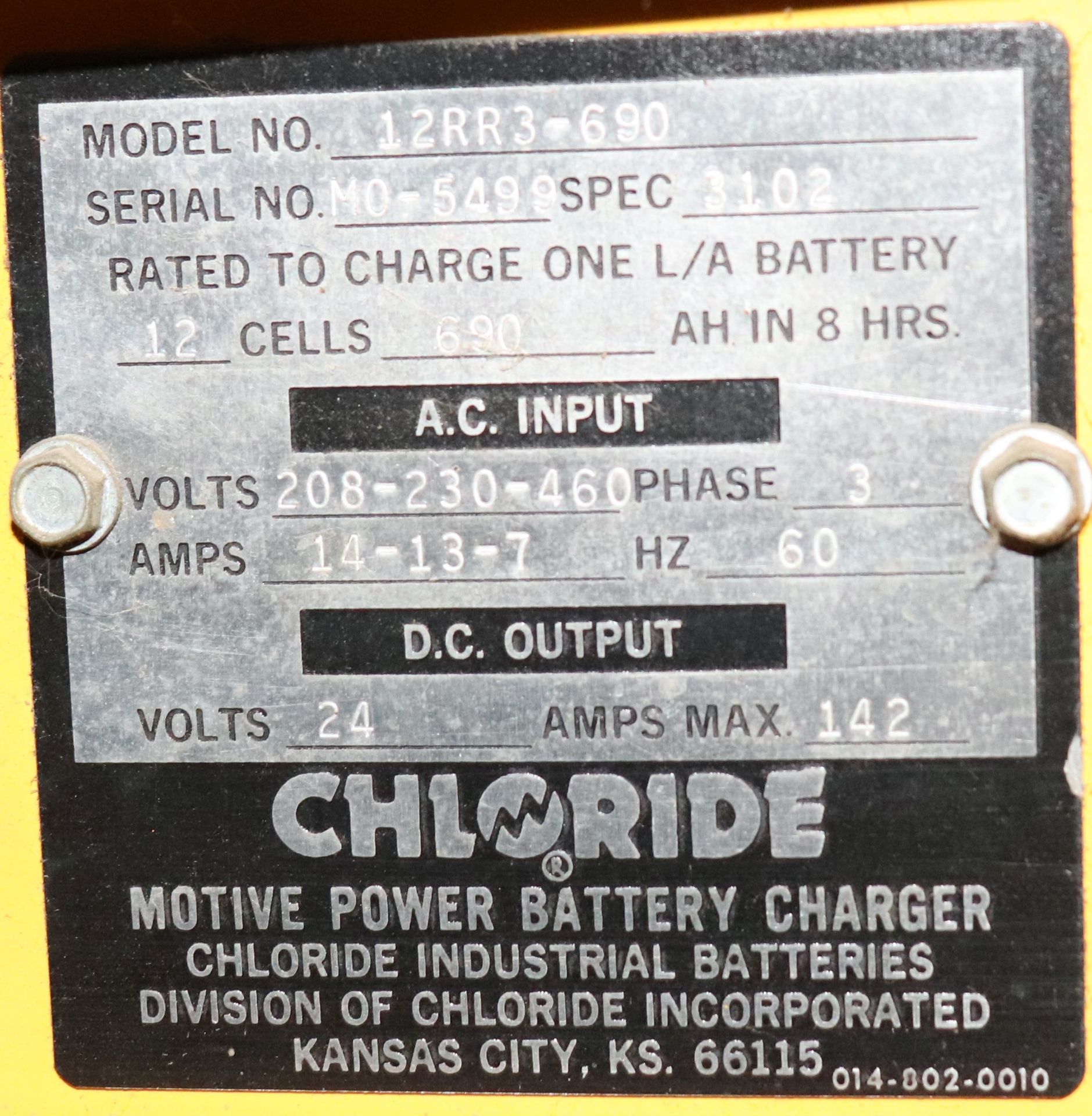Chloride motive power battery charger, model 12RR3-690, serial MO-5499 - Image 2 of 2
