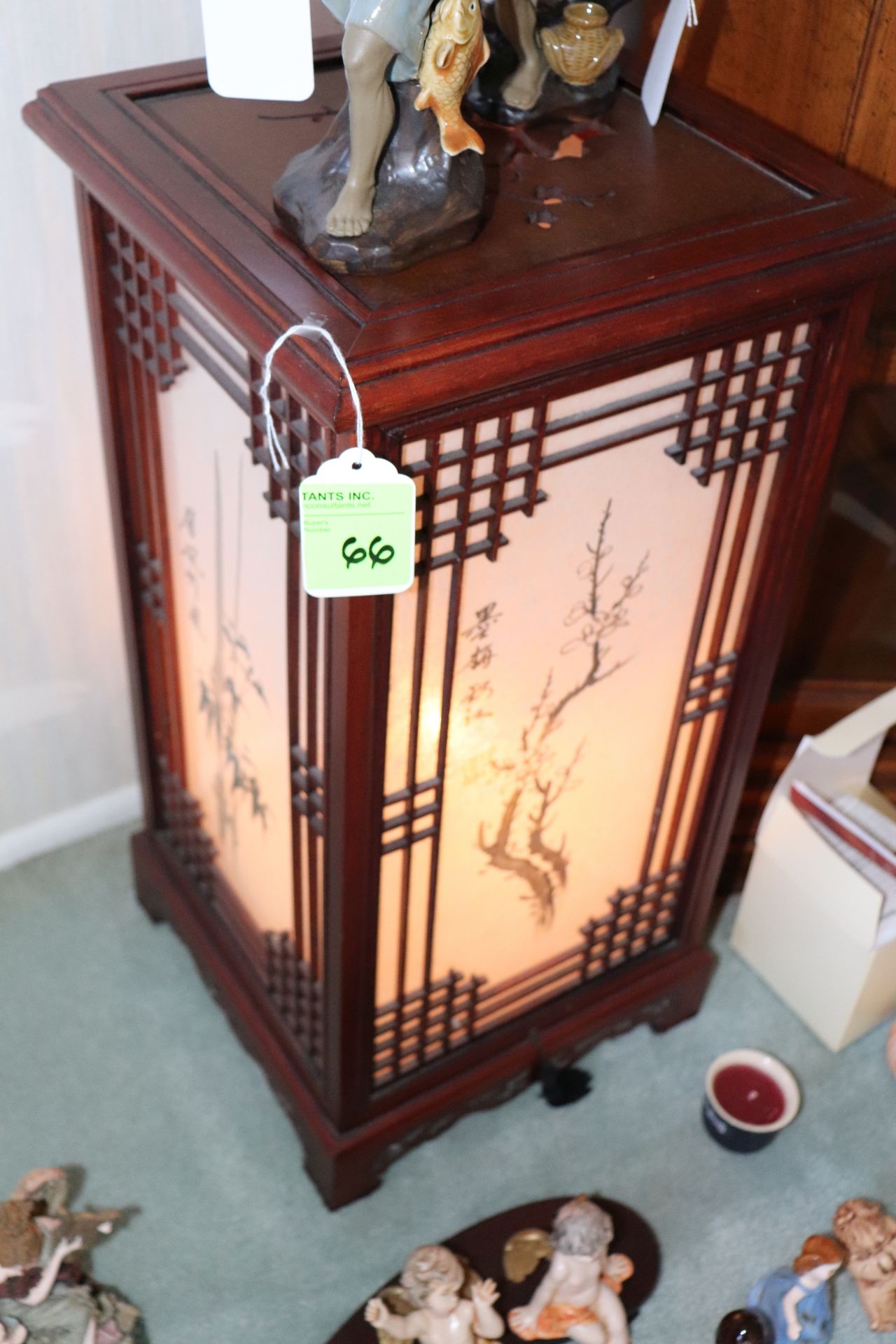 Oriental paper lamp display, 12" x 12" x 23"