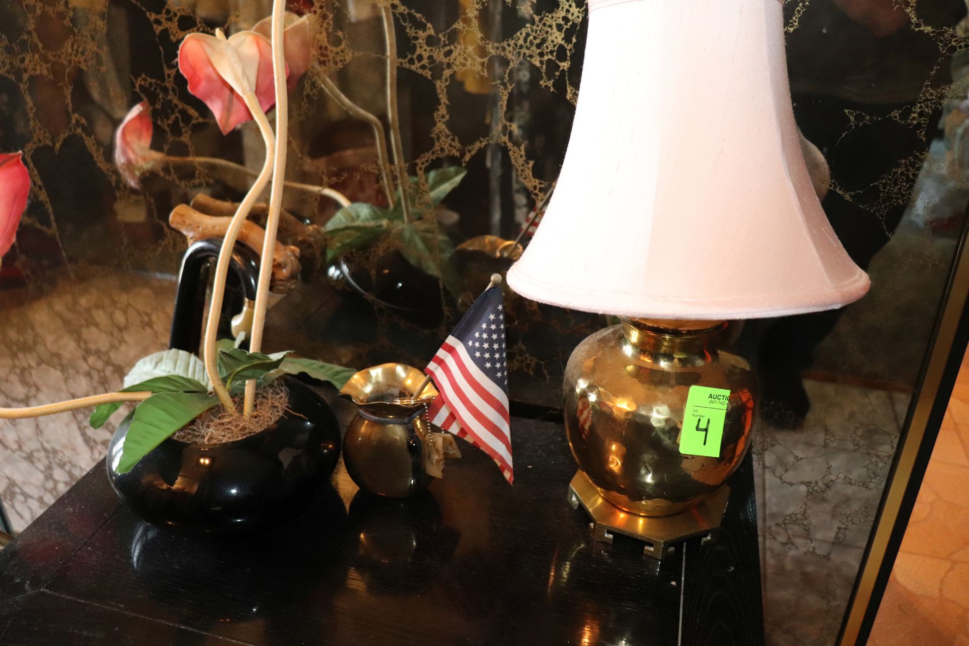 Brass lamp, silk flower arrangement, and miscellaneous