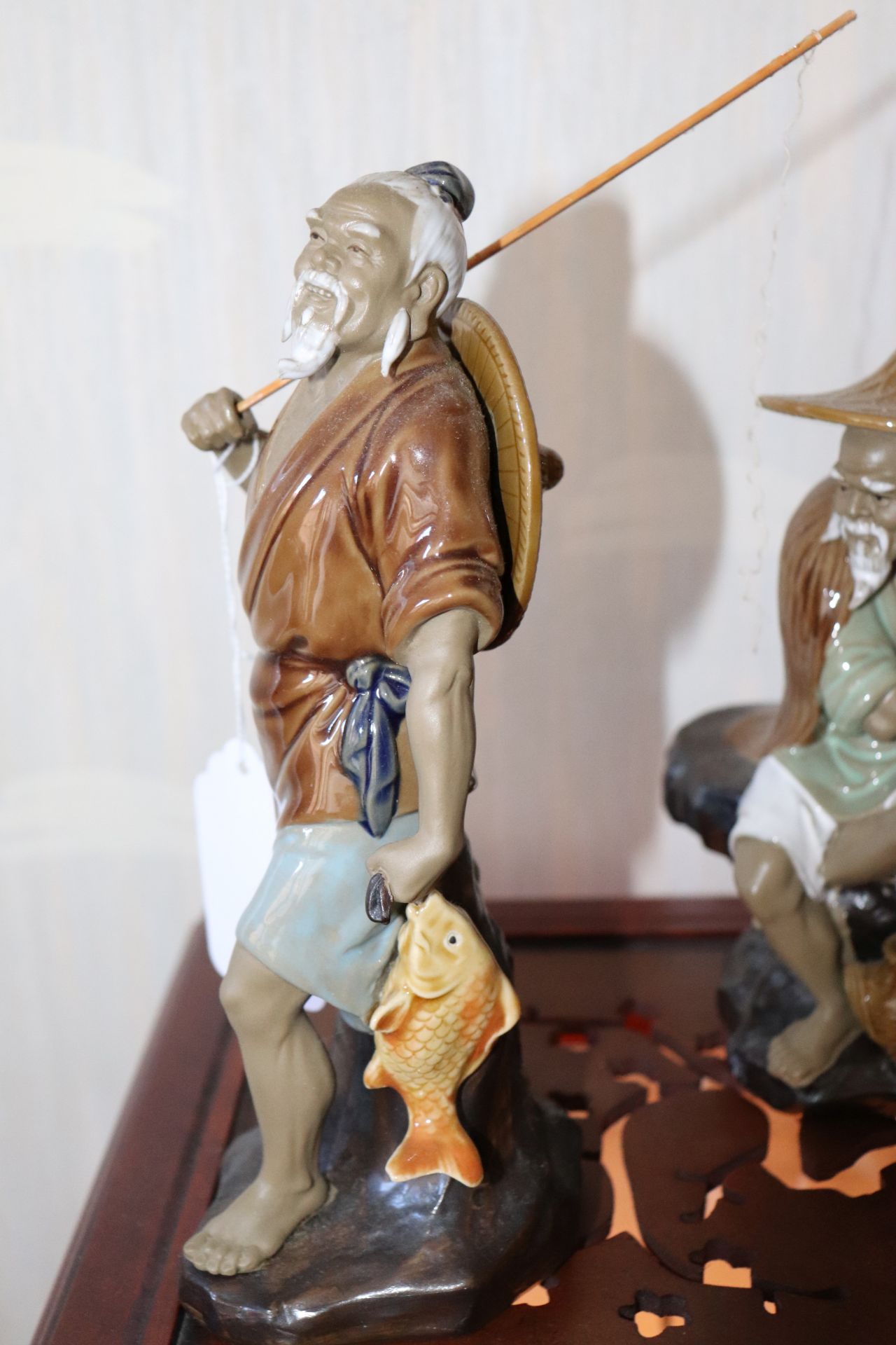 Oriental figurine of man fishing, ceramic, height 10"