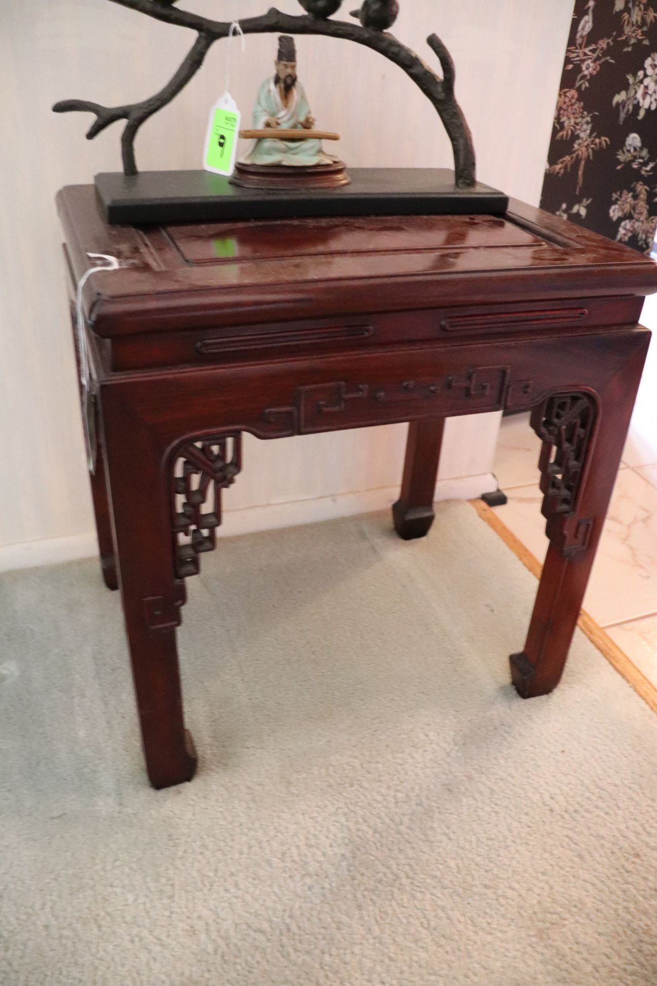 Chinese style lamp table with carved features, 17" x 13" x 18-1/2"