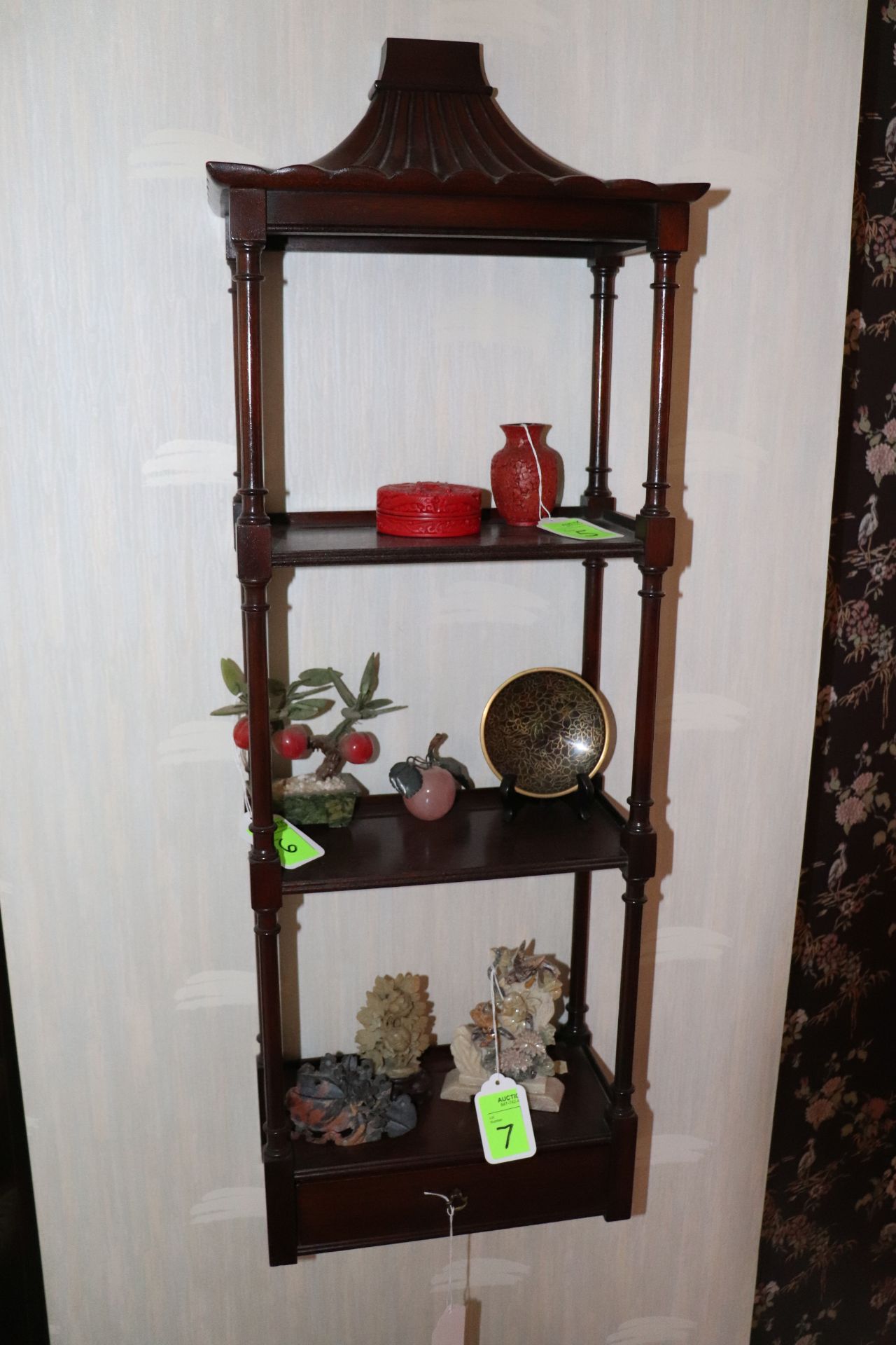 Chinese influence three-shelf wall display with drawer, 35"