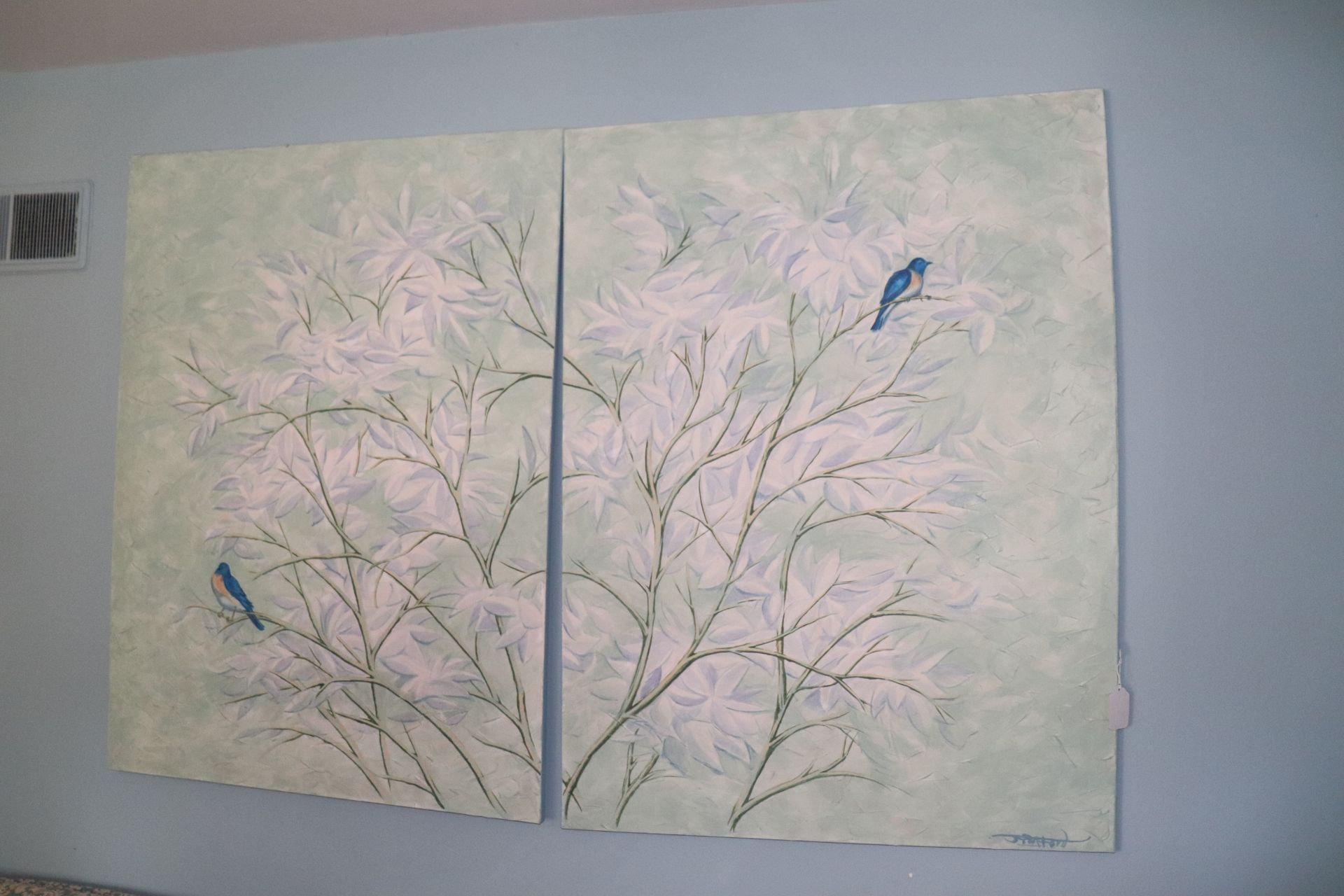 Pair of contemporary oil paintings on canvas depicting bluebirds and foliage, artist signed lower ri