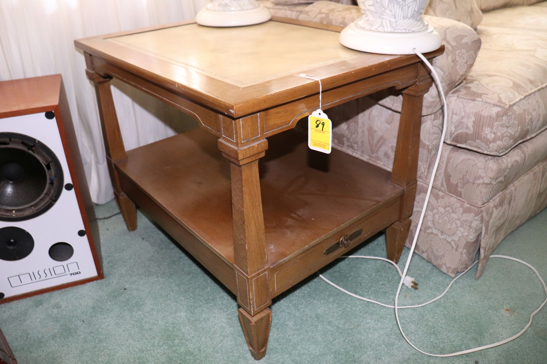 Georgian style mahogany finish side table with tan leather insert over single drawer, approximate he