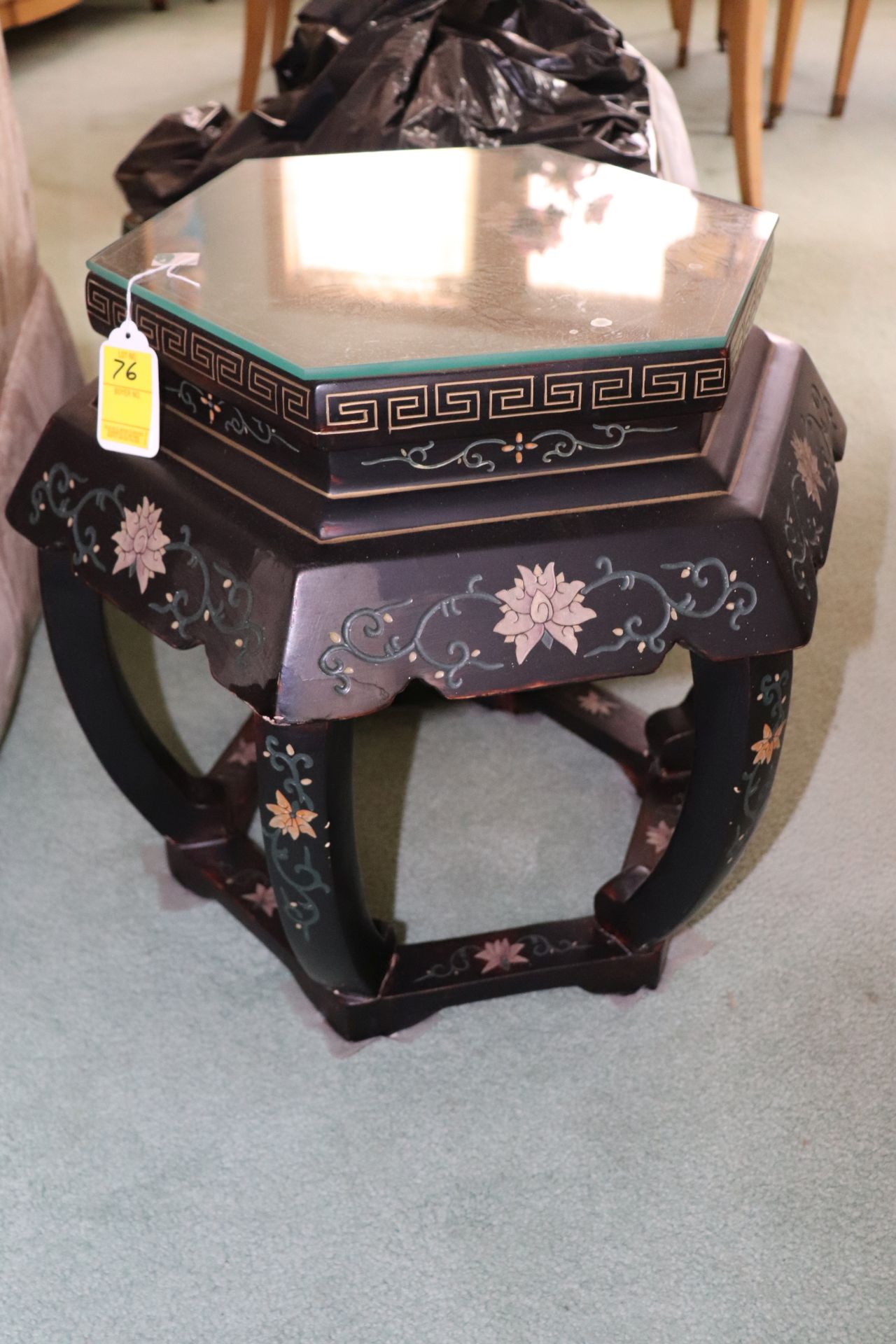 Chinese black lacquer stand, six-side top with floral and leaf decoration, approximate height 19"
