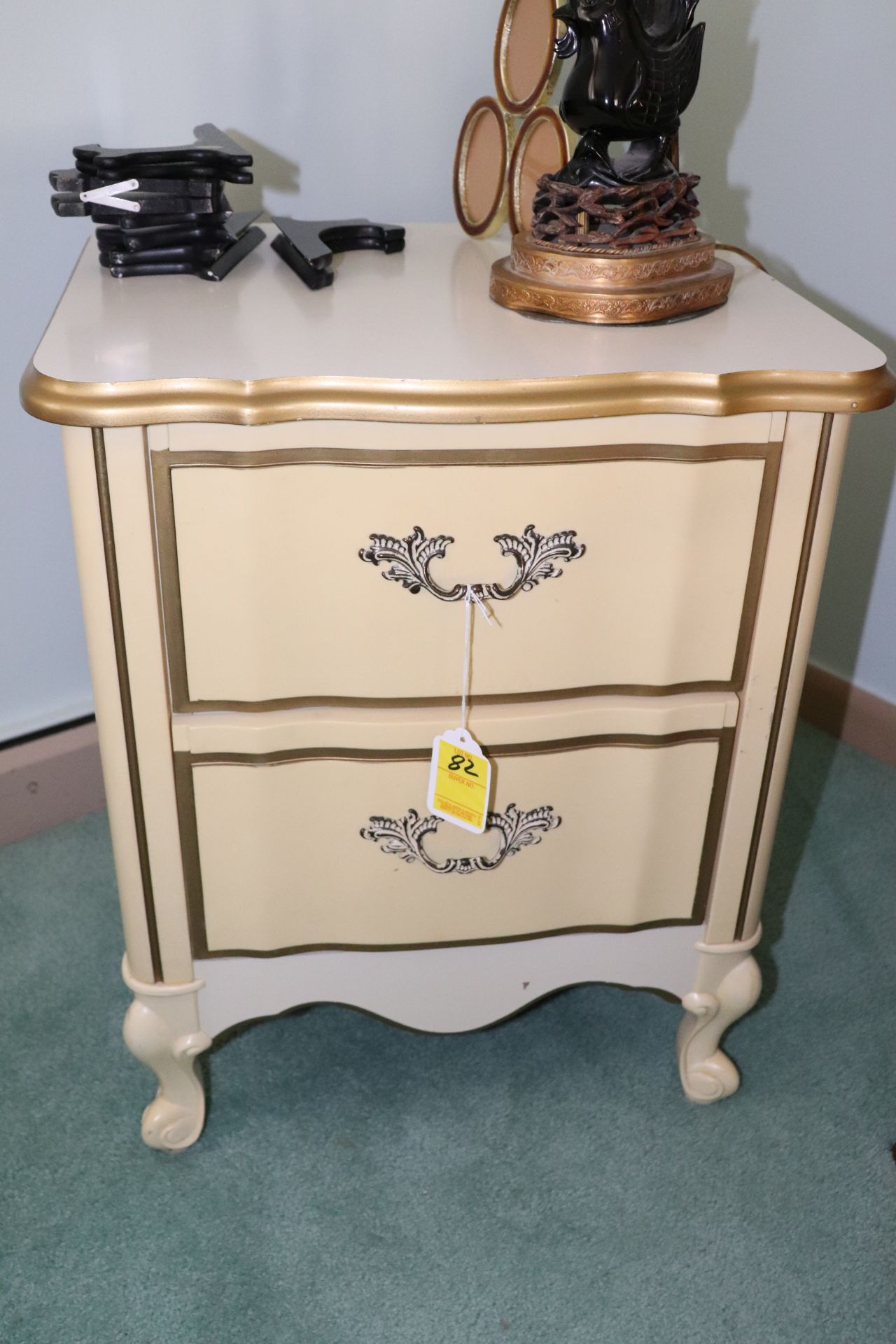 French Provincial style painted white and yellow side table fitted with two drawers with brass pulls