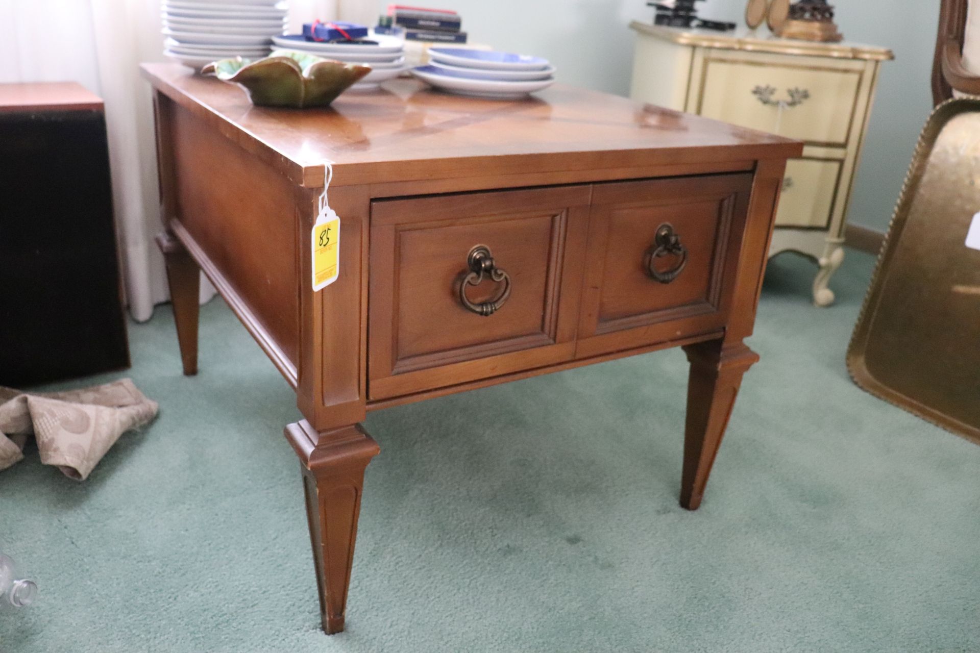 French style mahogany side table fitted with single drawer with brass pulls, approximate height 21"