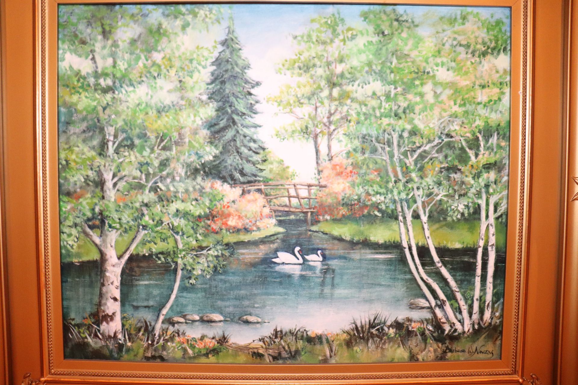 Artwork by Barbara Maczas, oil on board depicting wooded landscape scene with swans on pond, artist - Image 2 of 3