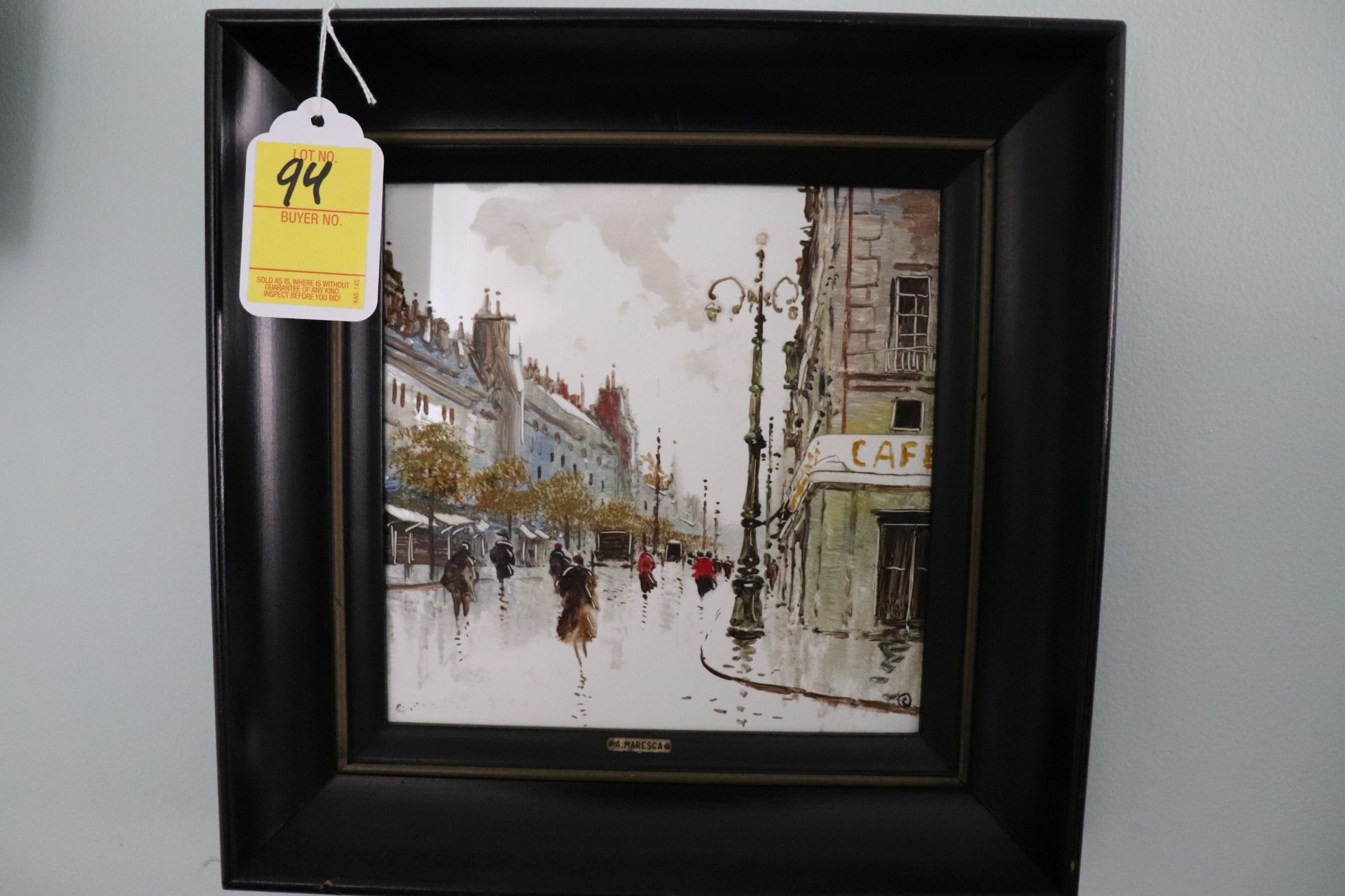 Handpainted tile depicting Parisian street scene, contained in a painted black frame, artist Amaresc