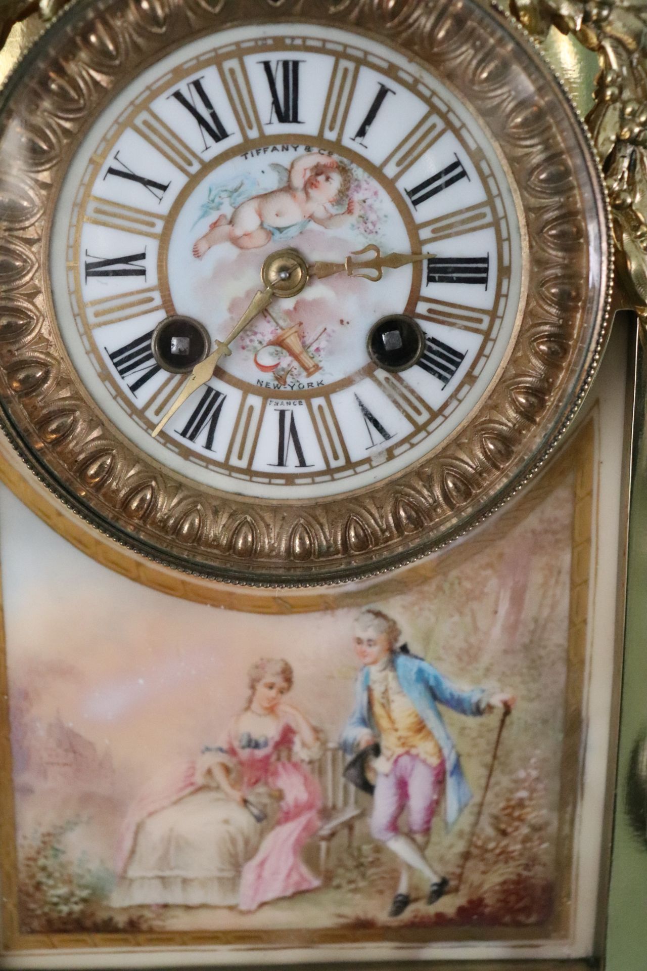 Tiffany & Company New York branch Louis XV style gilt brass and porcelain mantle clock having key wo - Image 5 of 5