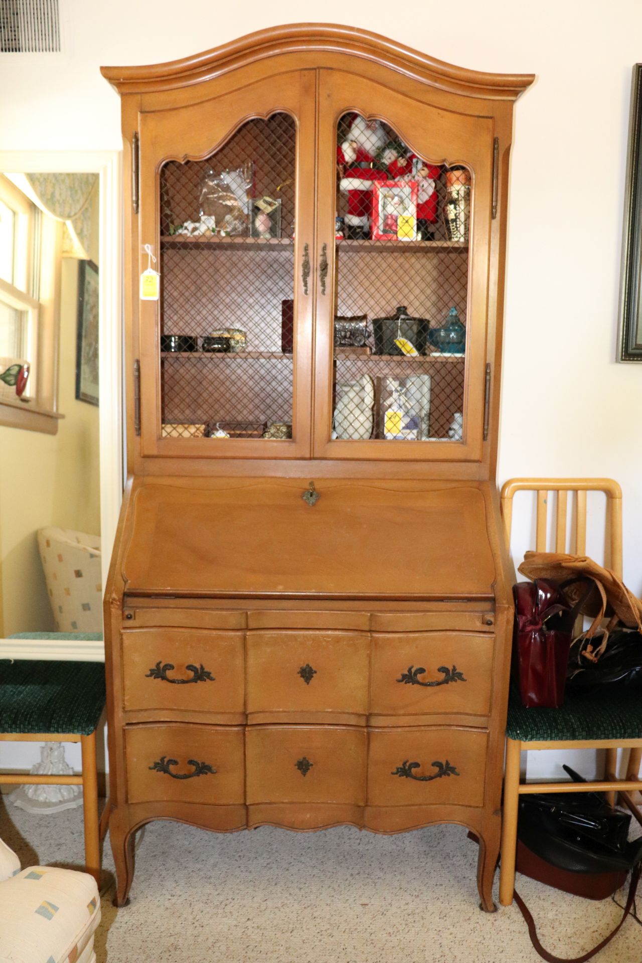 French Provincial style walnut secretaire bookcase, upper section fitted with two doors over fold do