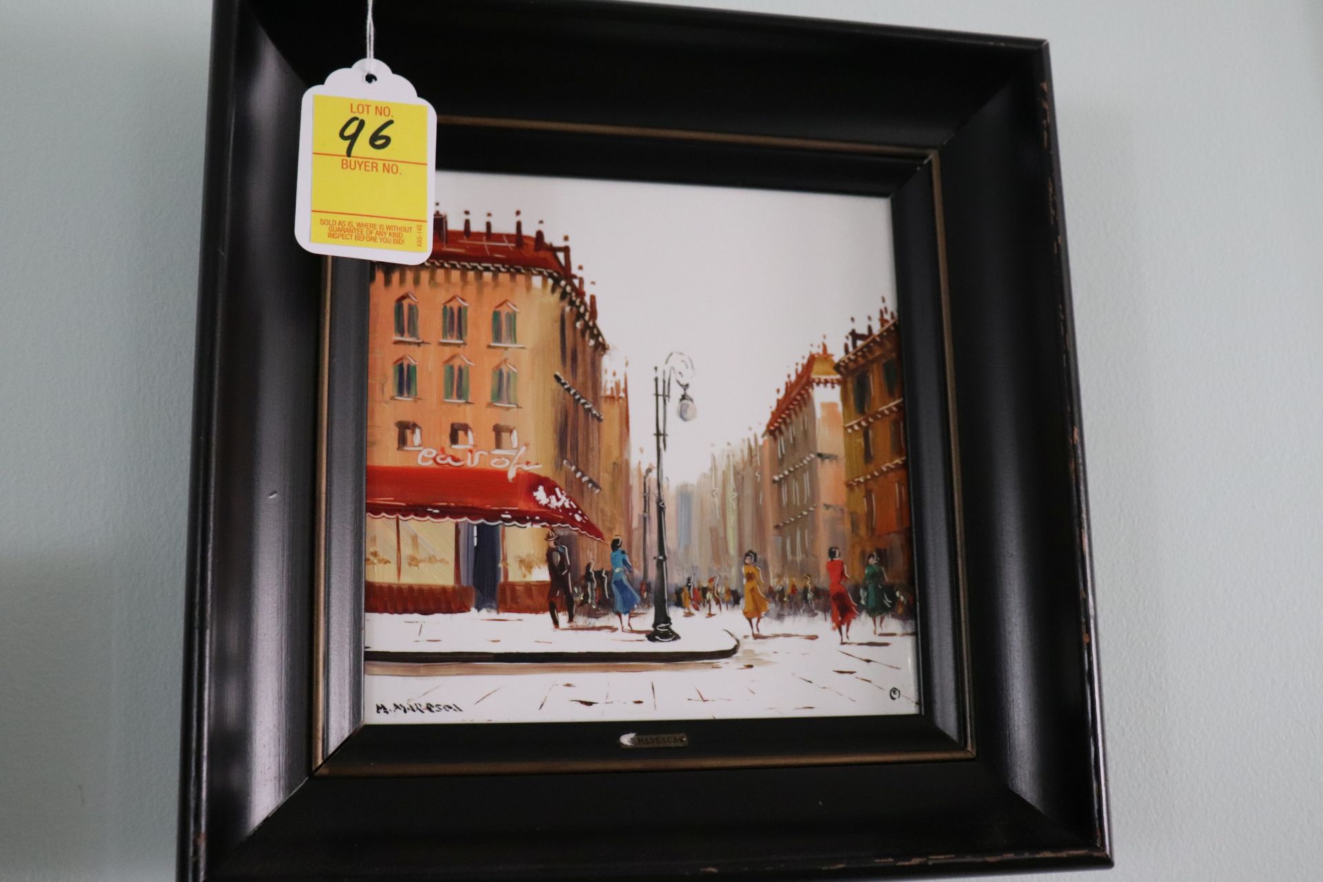 Handpainted tile depicting Parisian street scene, contained in a painted black frame, artist Amaresc