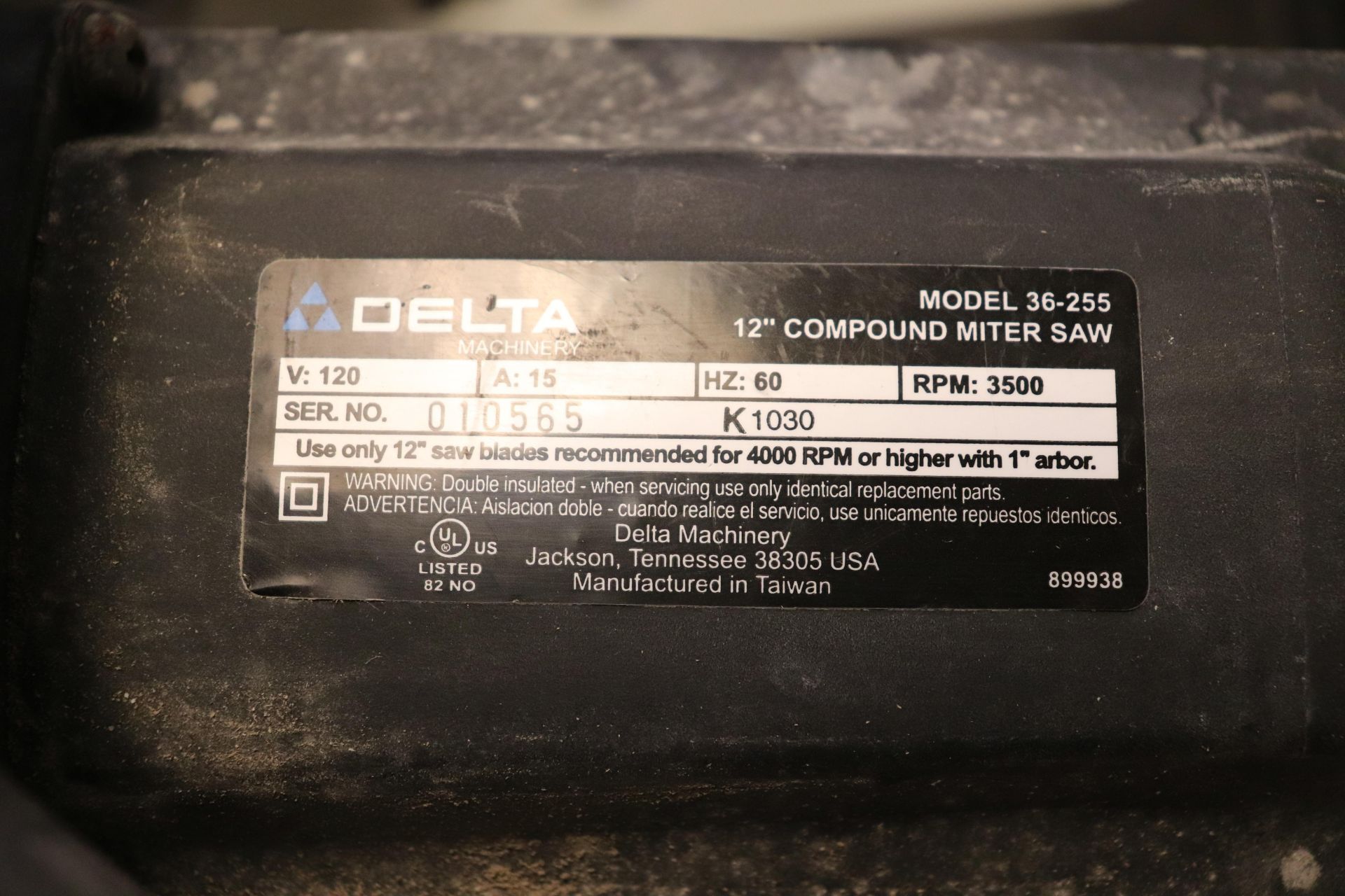 Delta Model 35255 12" compund miter saw serial 010565 - Image 3 of 3