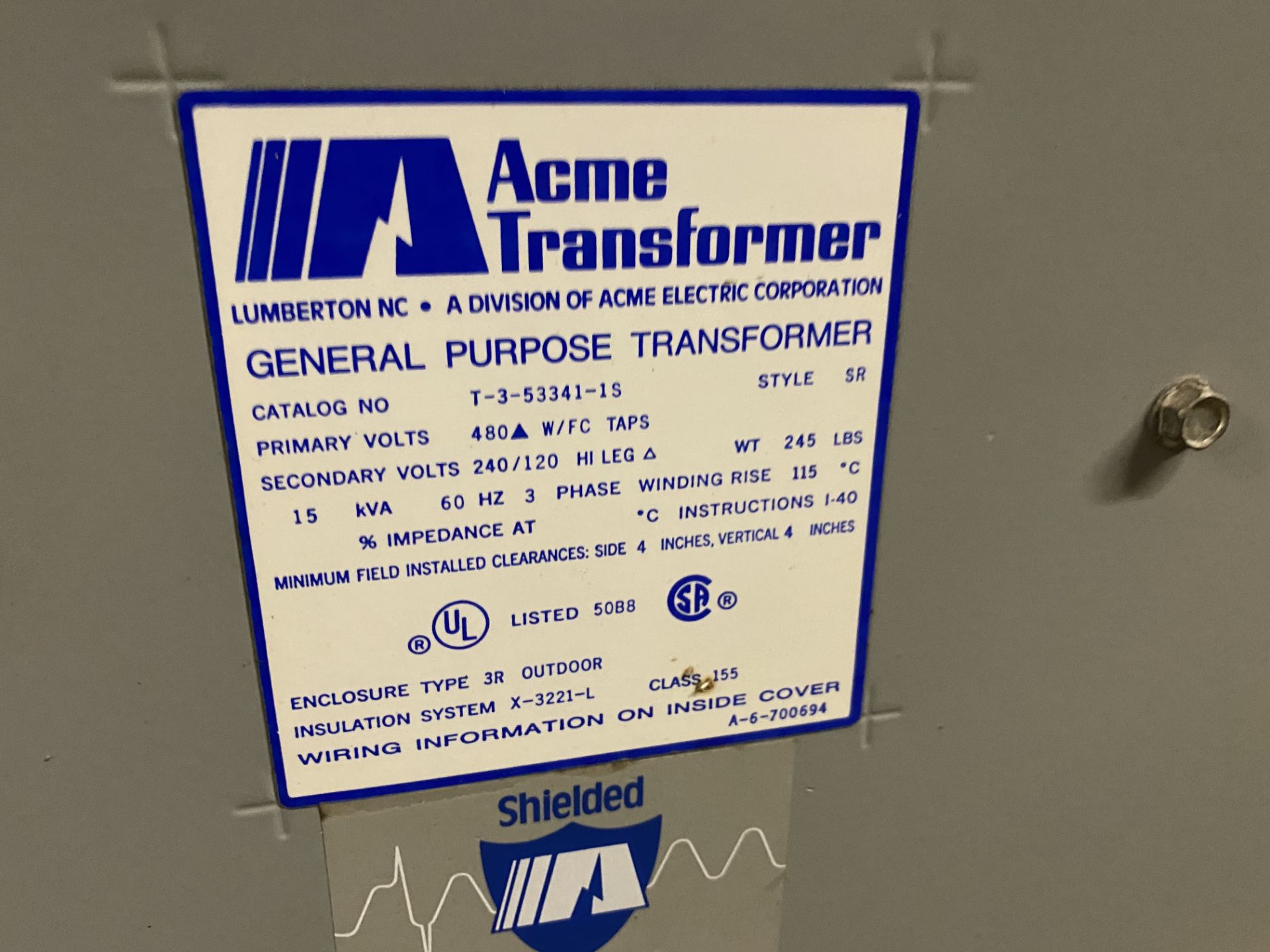 ACME T-3-53341-1S, 15 KVA, 3Ø, 480 X 240/120 VOLT, TRANSFORMER- (NS) T1600 - Image 2 of 2