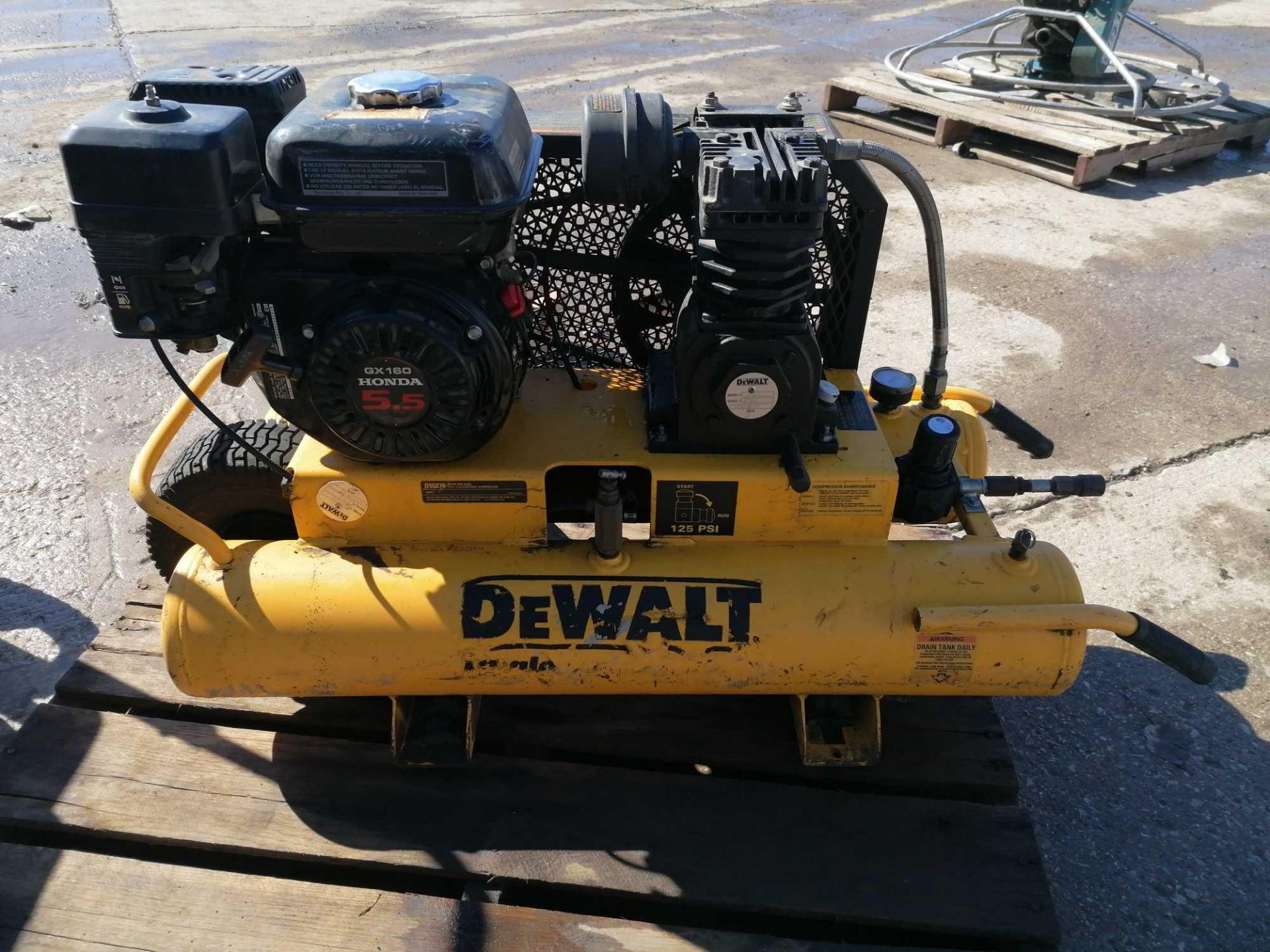 DEWALT KU-2 Gas Powered Air Compressor, Model D55270, Serial #07828, Honda GX160 5.5 Motor.