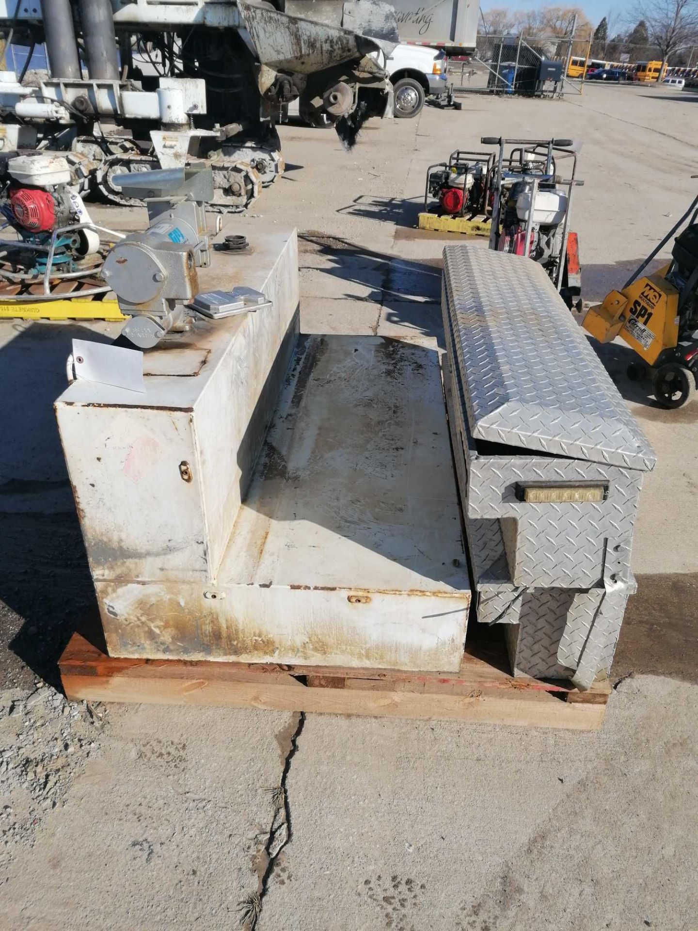 (1) Fuel Tank & (2) Truck Toolboxes, GPI Fuel Transfer Pump Model M-3025. Located in Naperville,