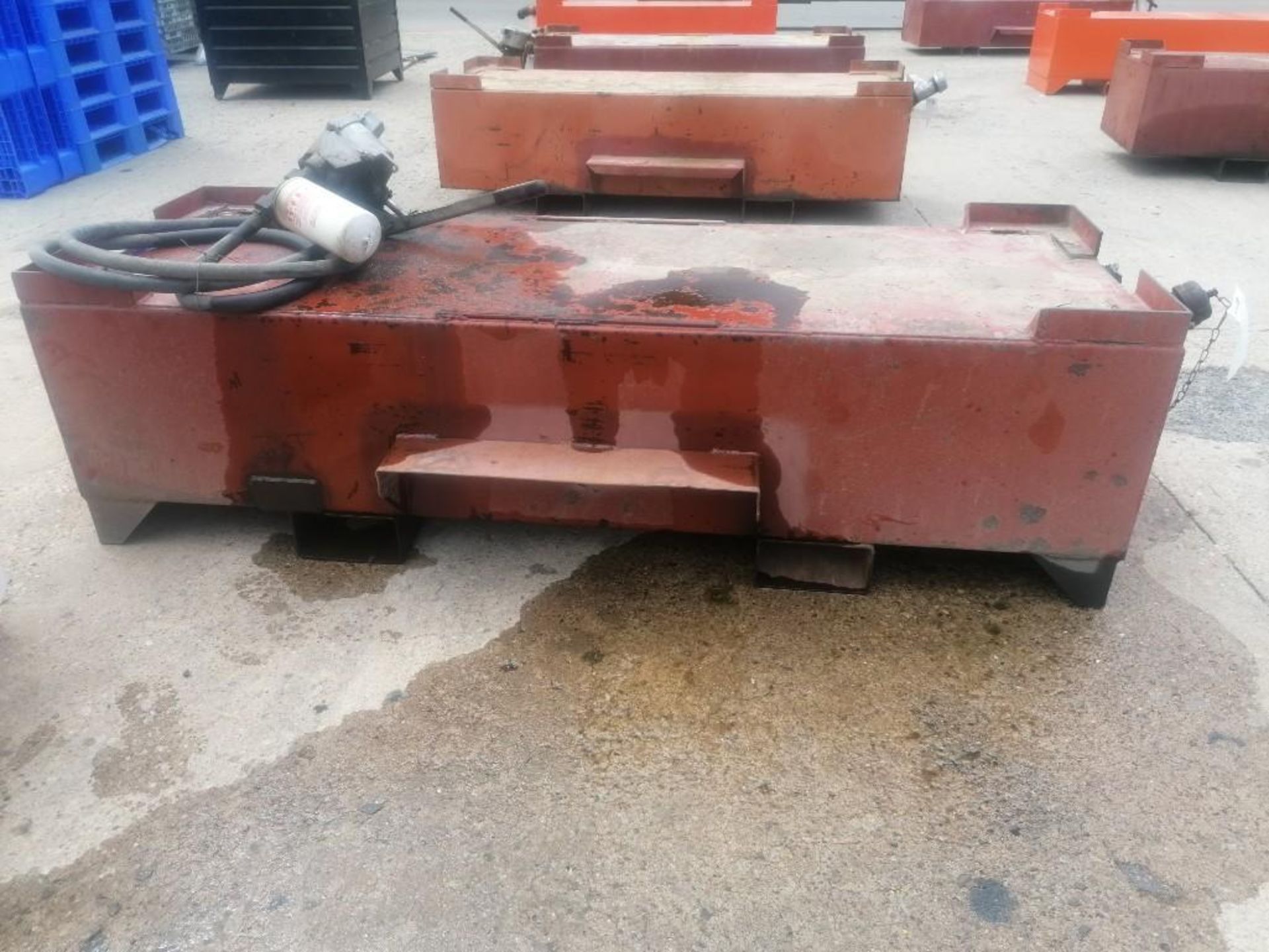 25" W x 74" L x 21" H Transfer Fuel Tank with Pump. Located at 301 E Henry Street, Mt. Pleasant,