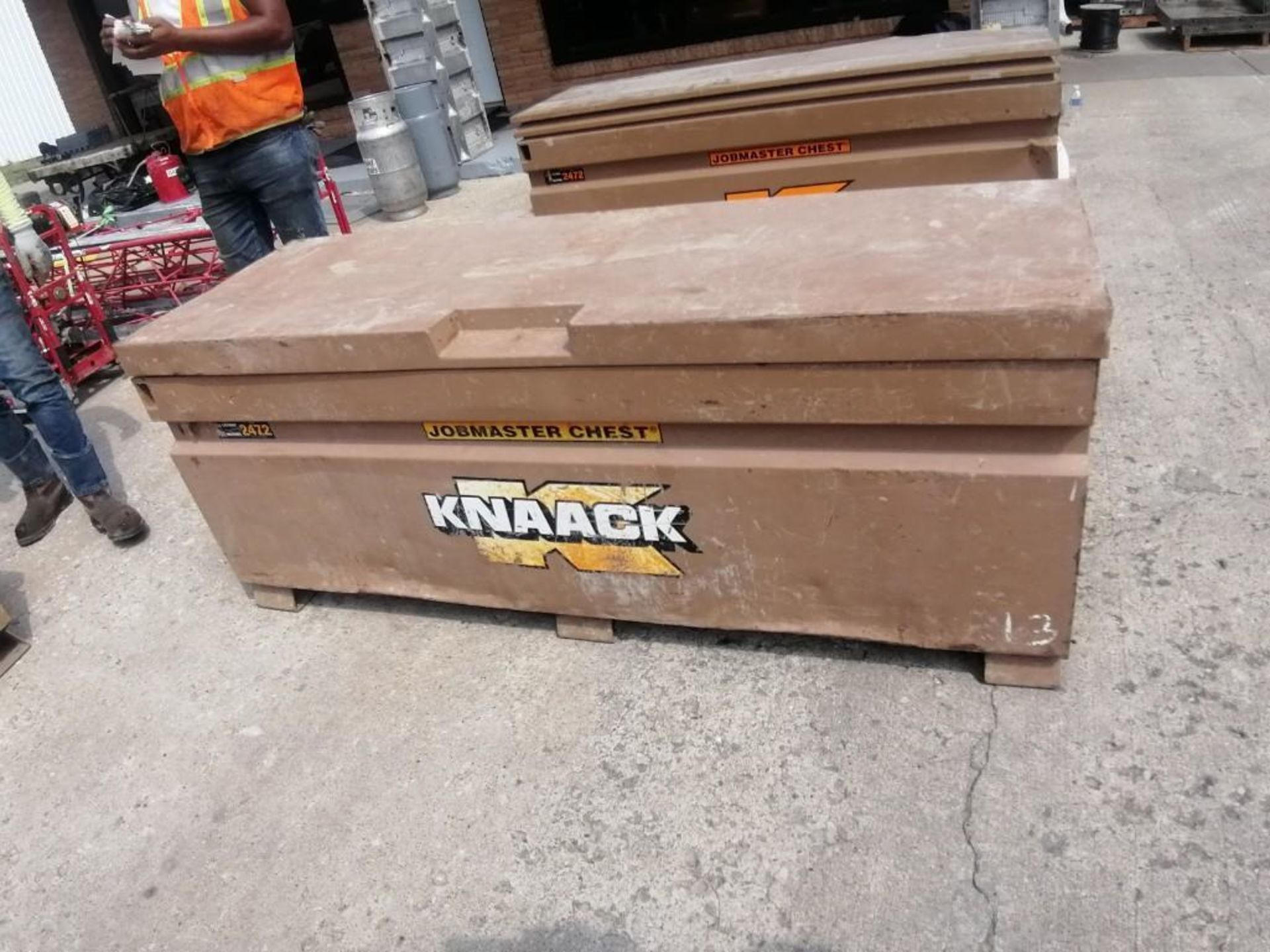 KNAACK Job Box Model 2472 with (51) Scaffolding brackets. Located at 301 E Henry Street, Mt.