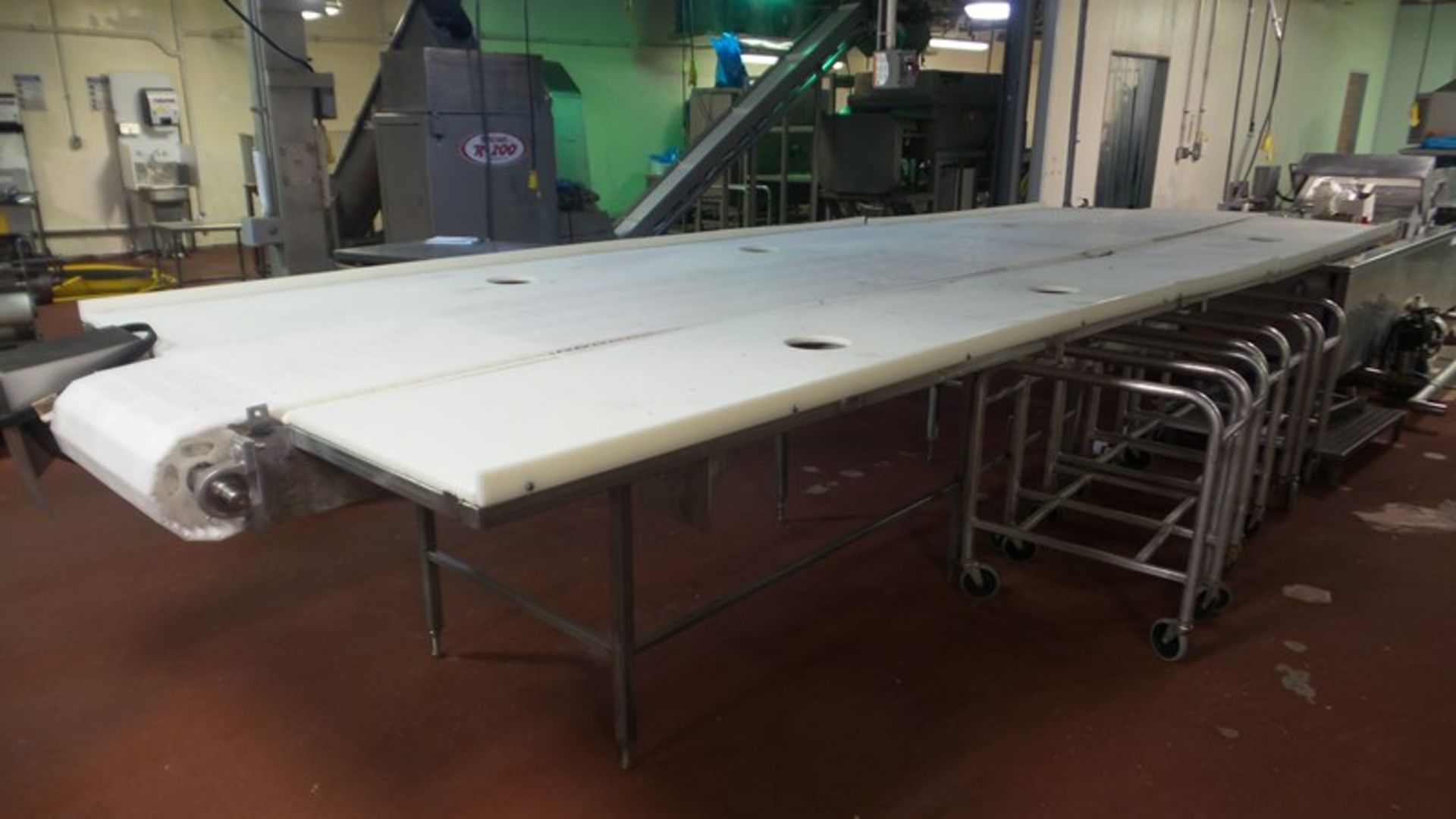 Stainless Steel Trim Conveyor, 75" W X 18' L X 40" T, 24" wide center belt, 24" W poly work stations - Image 5 of 6