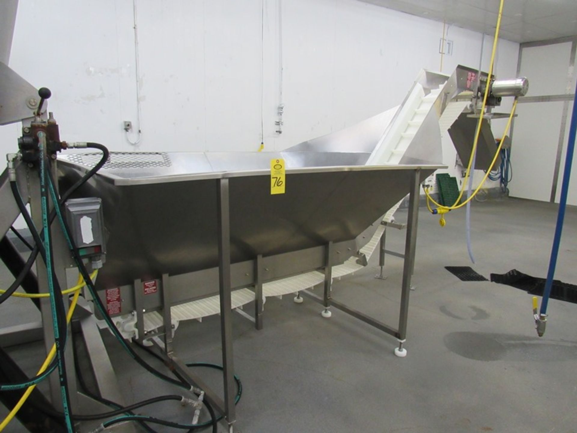 Stainless Steel Trough with incline conveyor, 6' W X 15' L X 4' D, 12" W X 13' L flighted belt, 2" H