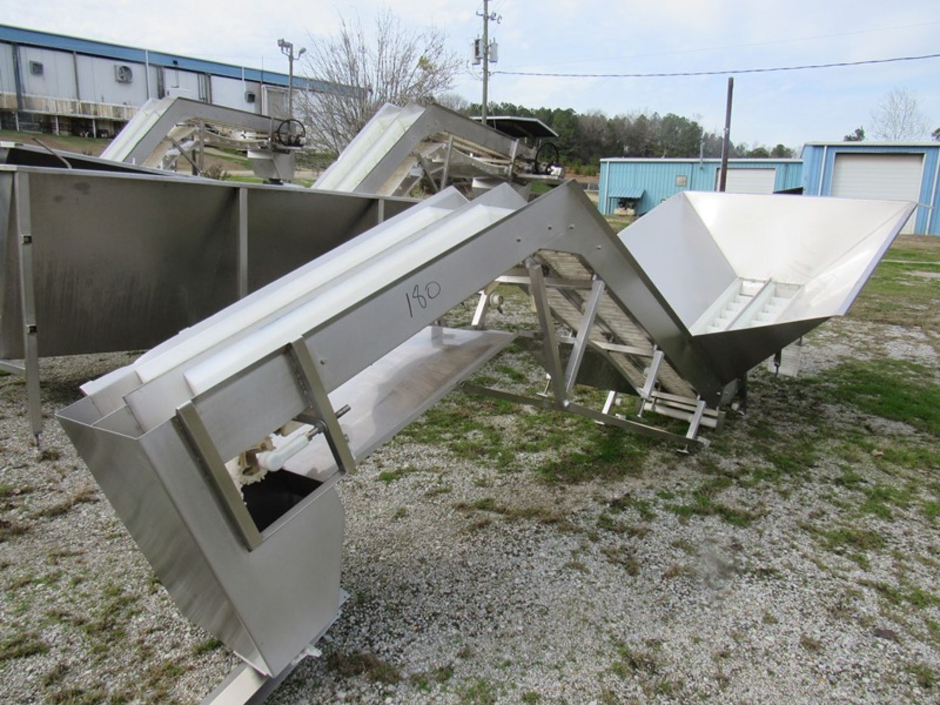 Stainless Steel Incline Double Conveyor, flighted plastic belt, 6" W X 16' L, 3" H flights, spaced