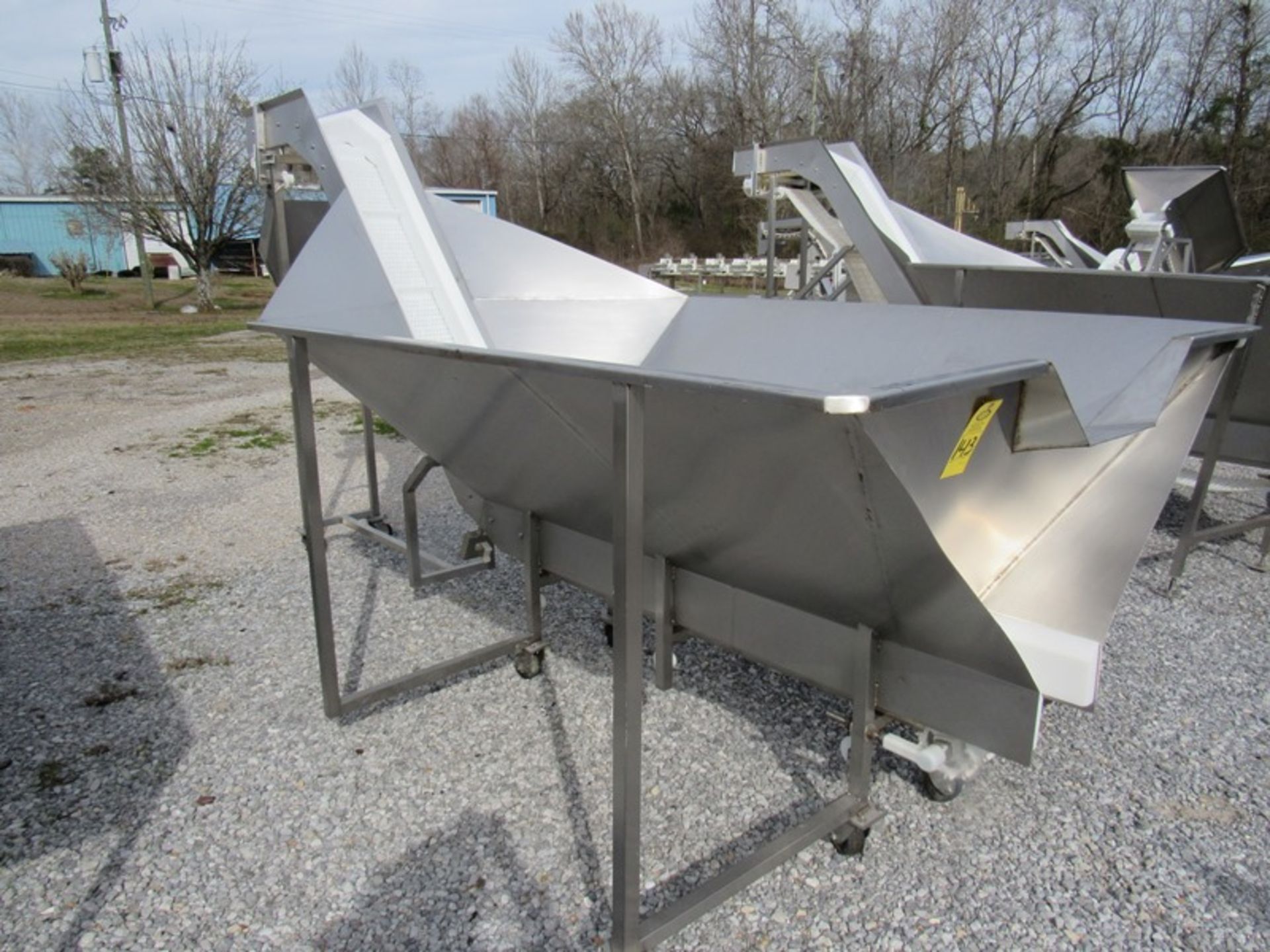 Stainless Steel Trough with incline conveyor, 6' W X 15' L X 4' D, 12" W X 13' L flighted belt, 2" H