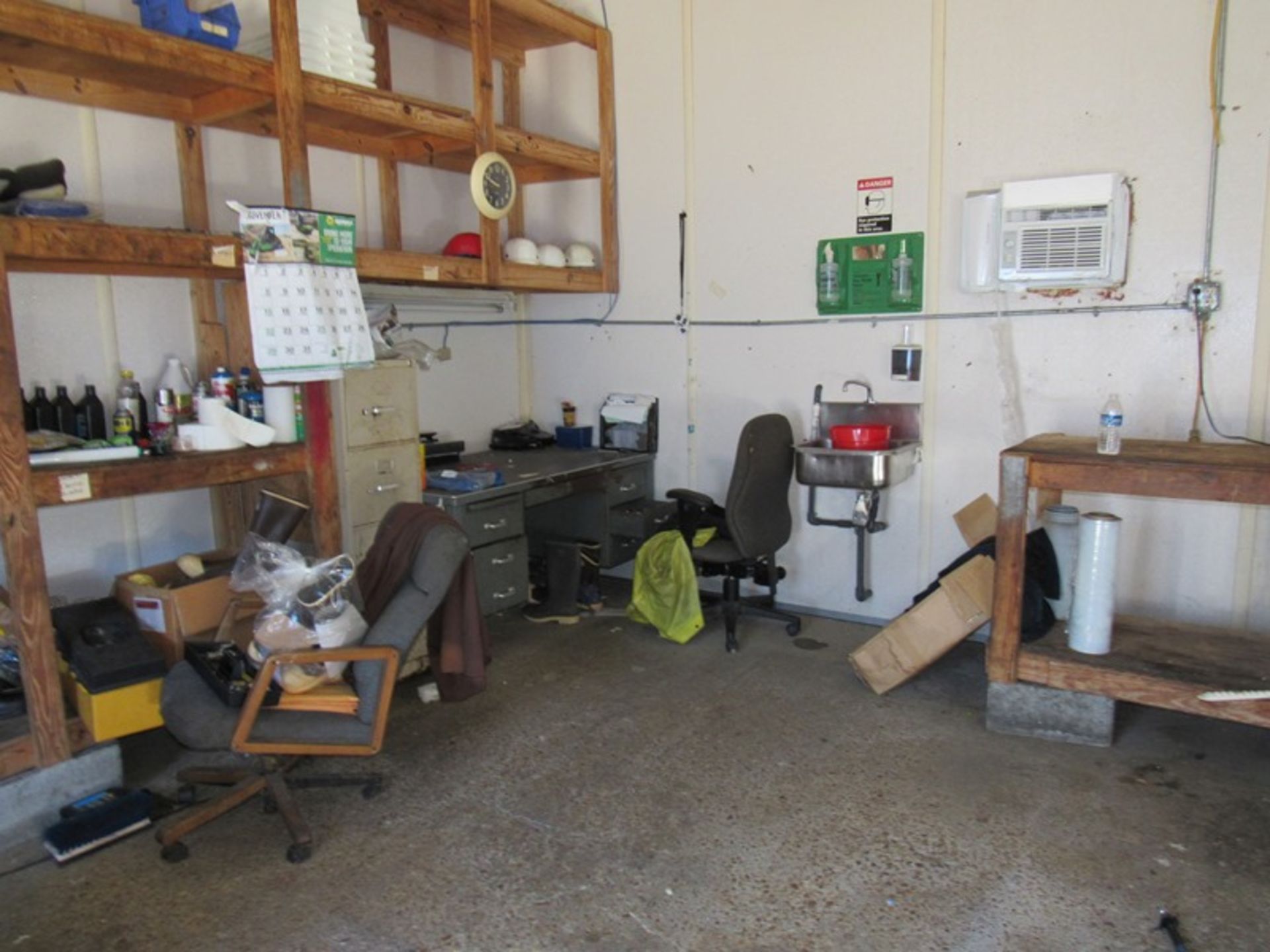 Lot Compressor Room Contents: Desk, Chairs, Hose, Sprayers, Bump Caps, Boots, Stainless Steel - Image 2 of 10