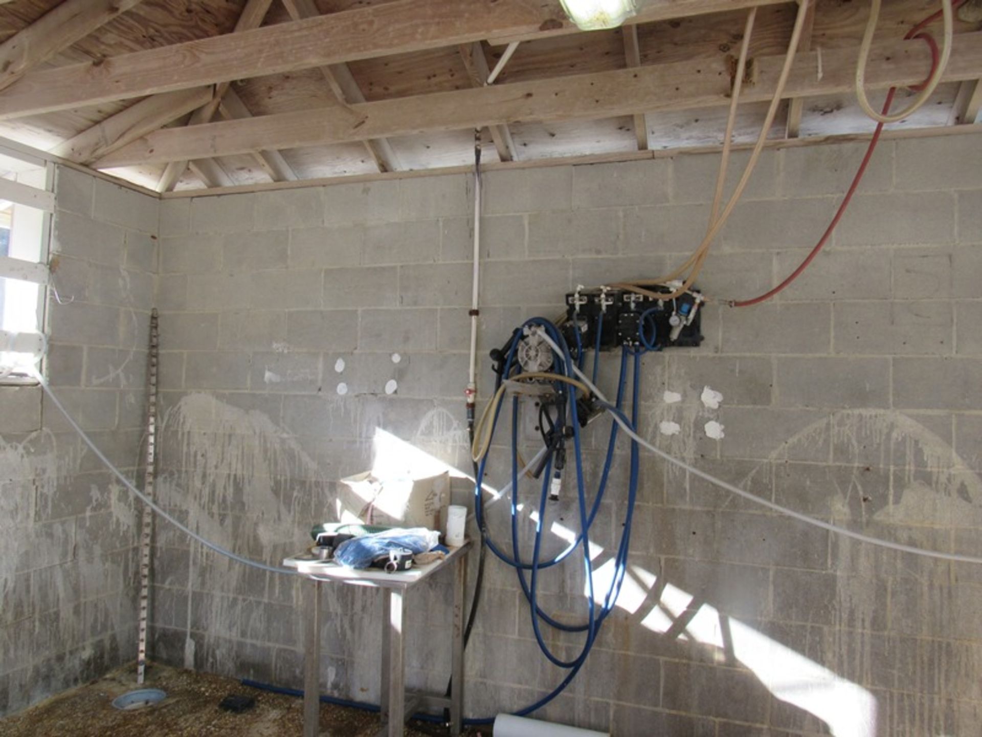 Lot Compressor Room Contents: Desk, Chairs, Hose, Sprayers, Bump Caps, Boots, Stainless Steel - Image 9 of 10