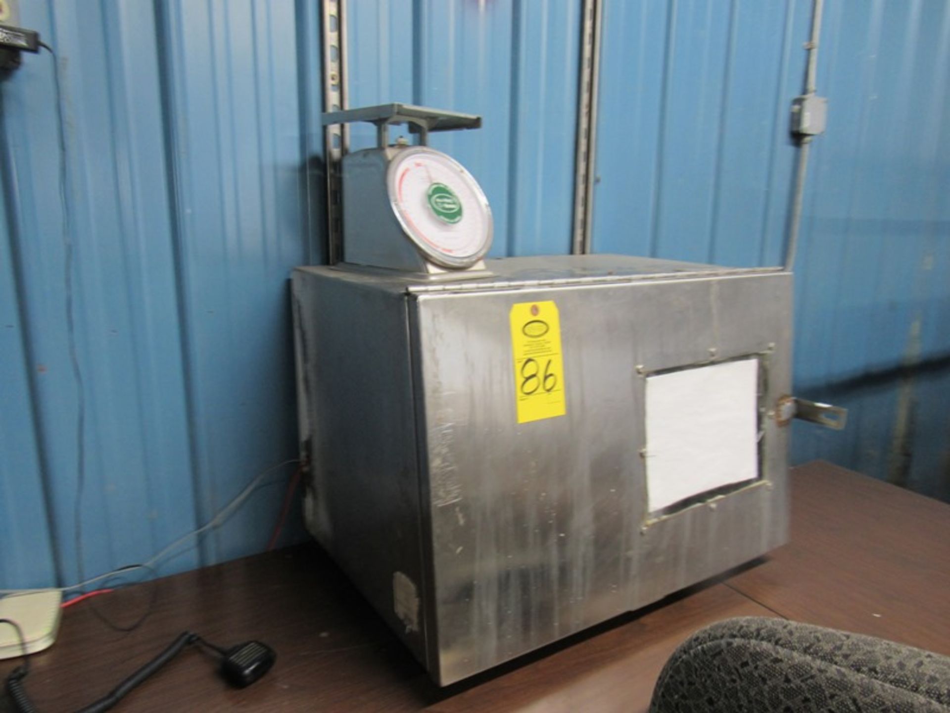 Lot Contents Box Room: File Cabinet, (2) Tables, Stainless Steel Enclosures, Accu-Weigh Dial