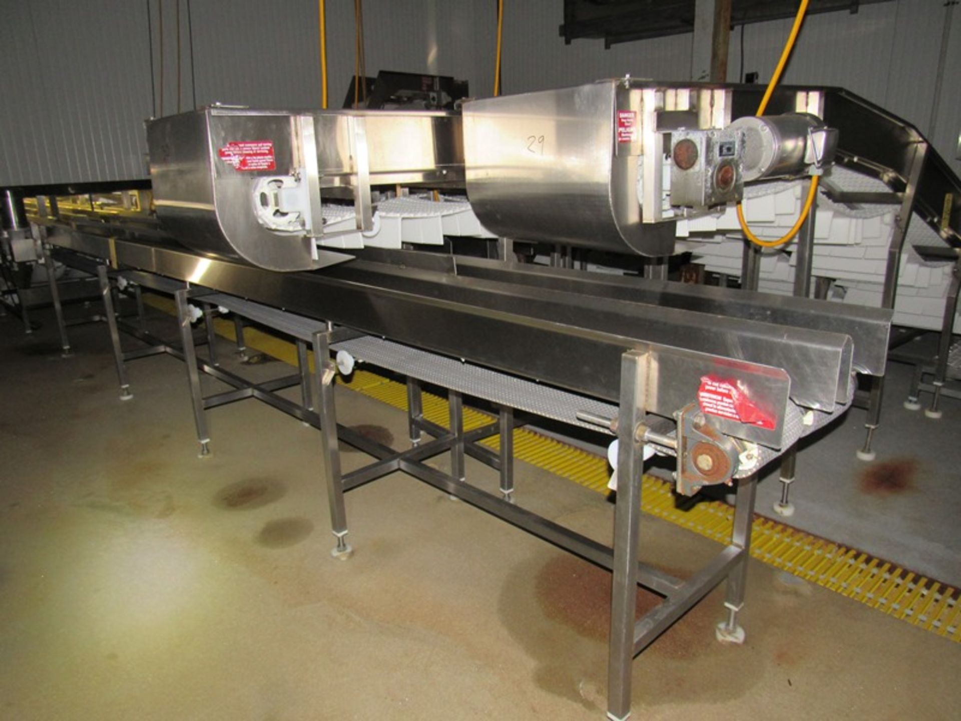 Stainless Steel Dual Lane Conveyor, 8" wide plastic belt X 18' L, 1 h.p. stainless steel motor,