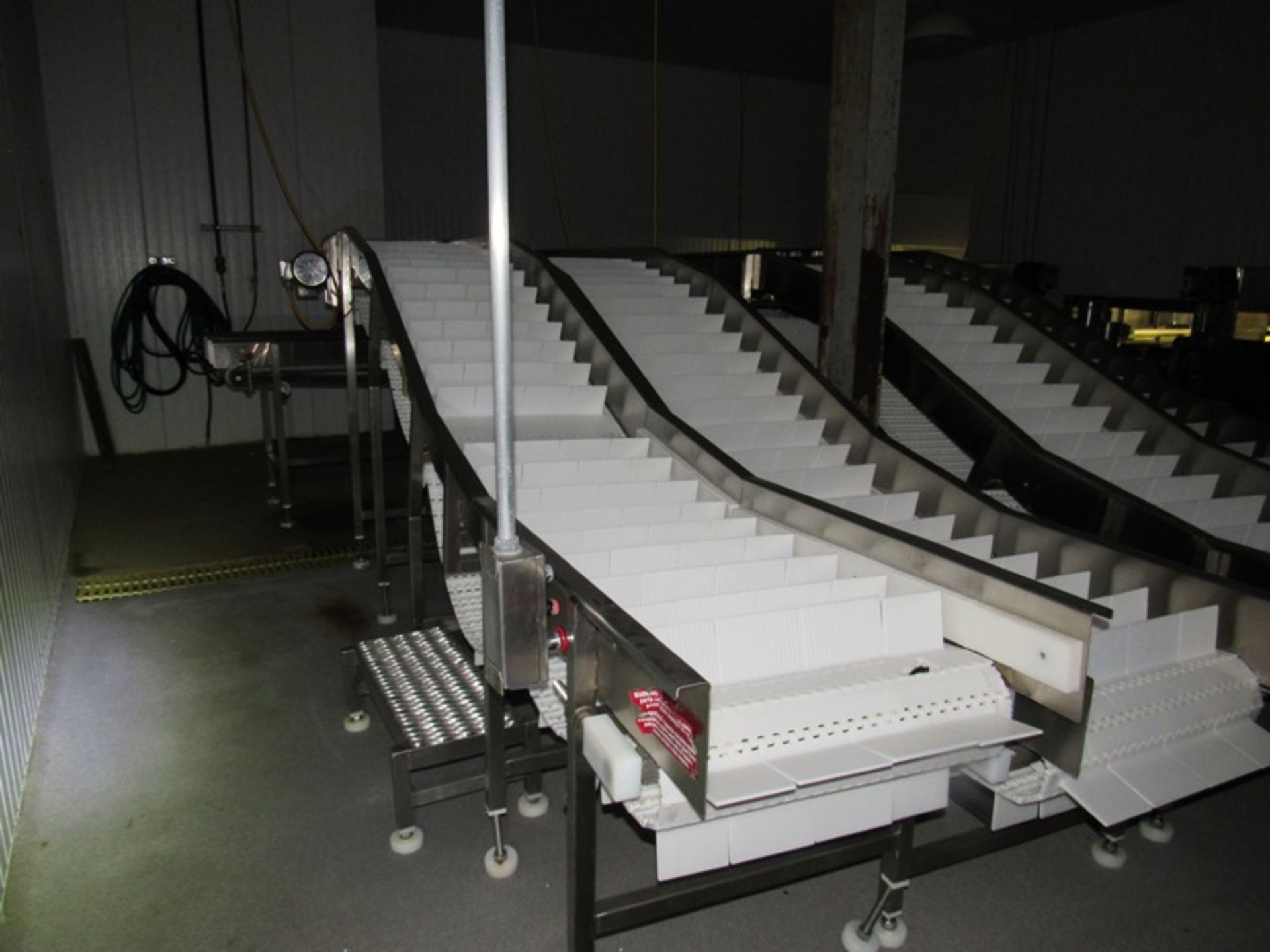 Stainless Steel Incline Conveyor, 24" W X 15' L flighted plastic belt, 4' discharge, 4" high