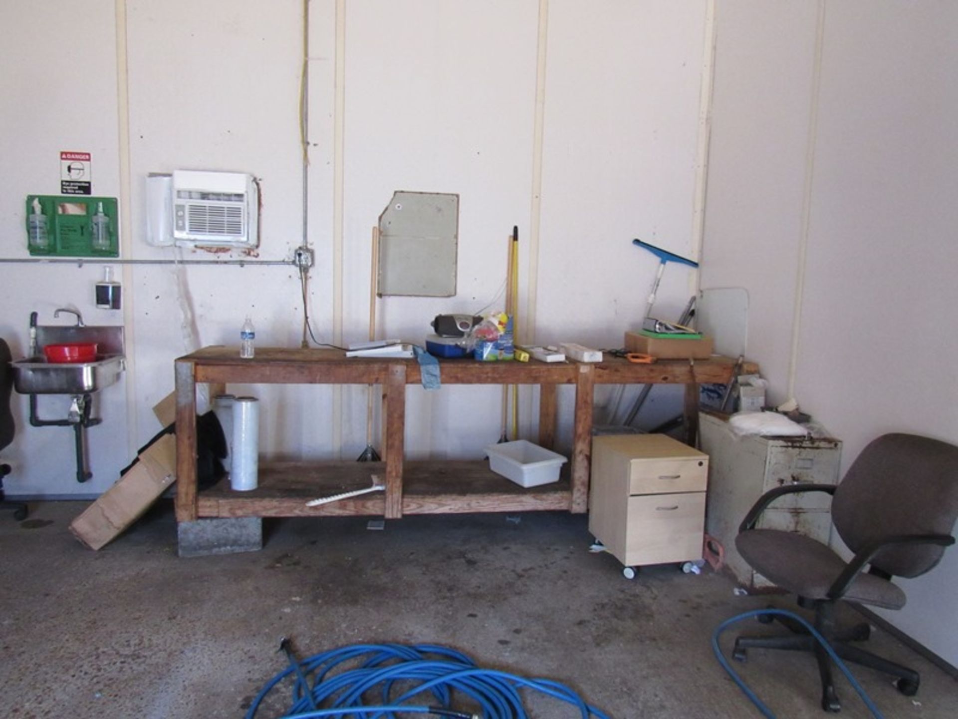 Lot Compressor Room Contents: Desk, Chairs, Hose, Sprayers, Bump Caps, Boots, Stainless Steel - Image 3 of 10
