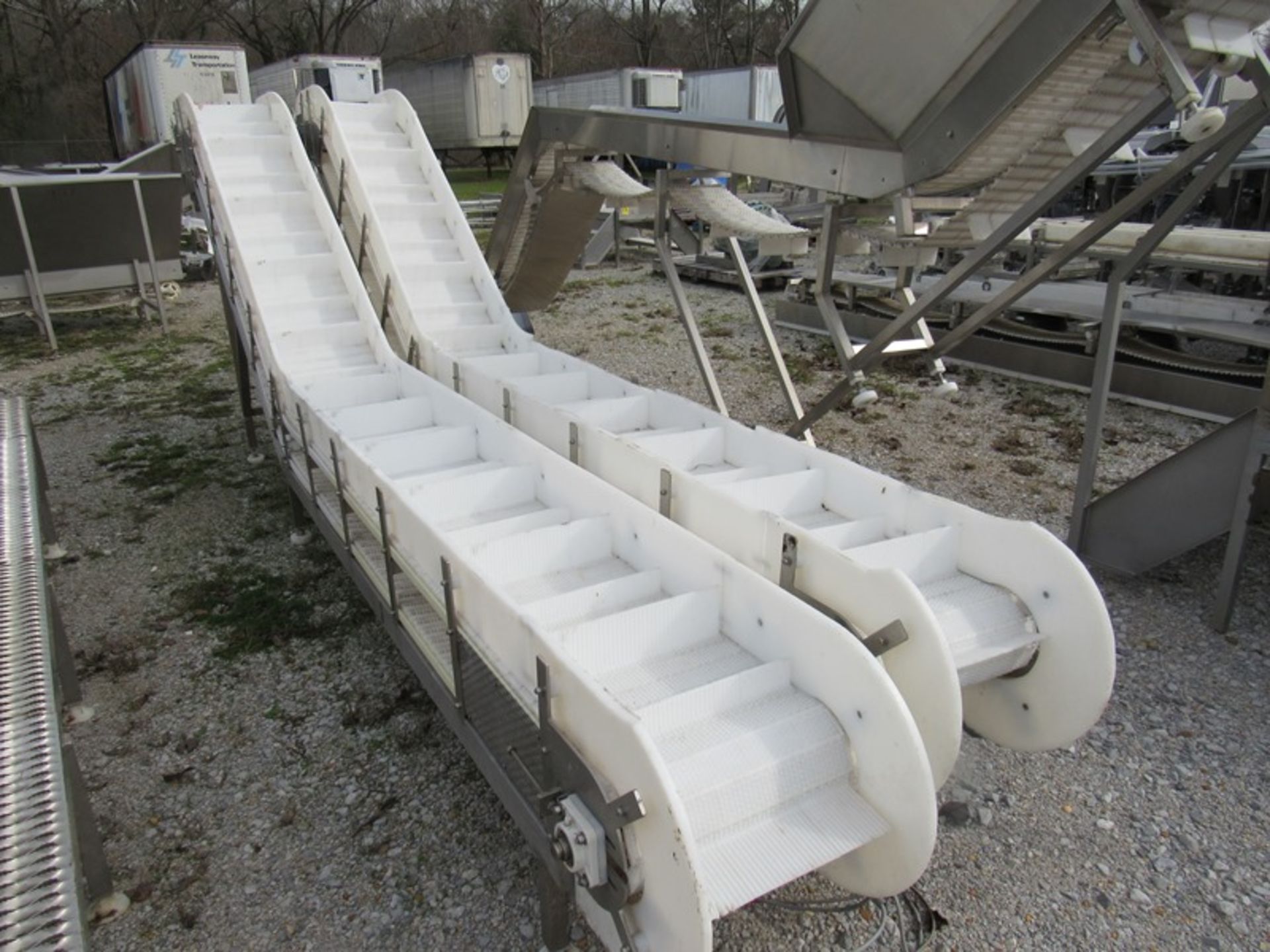 Lot (2) Stainless Steel Incline Conveyors, 12" W X 15' L plastic flighted belt, drum roller - Image 3 of 4