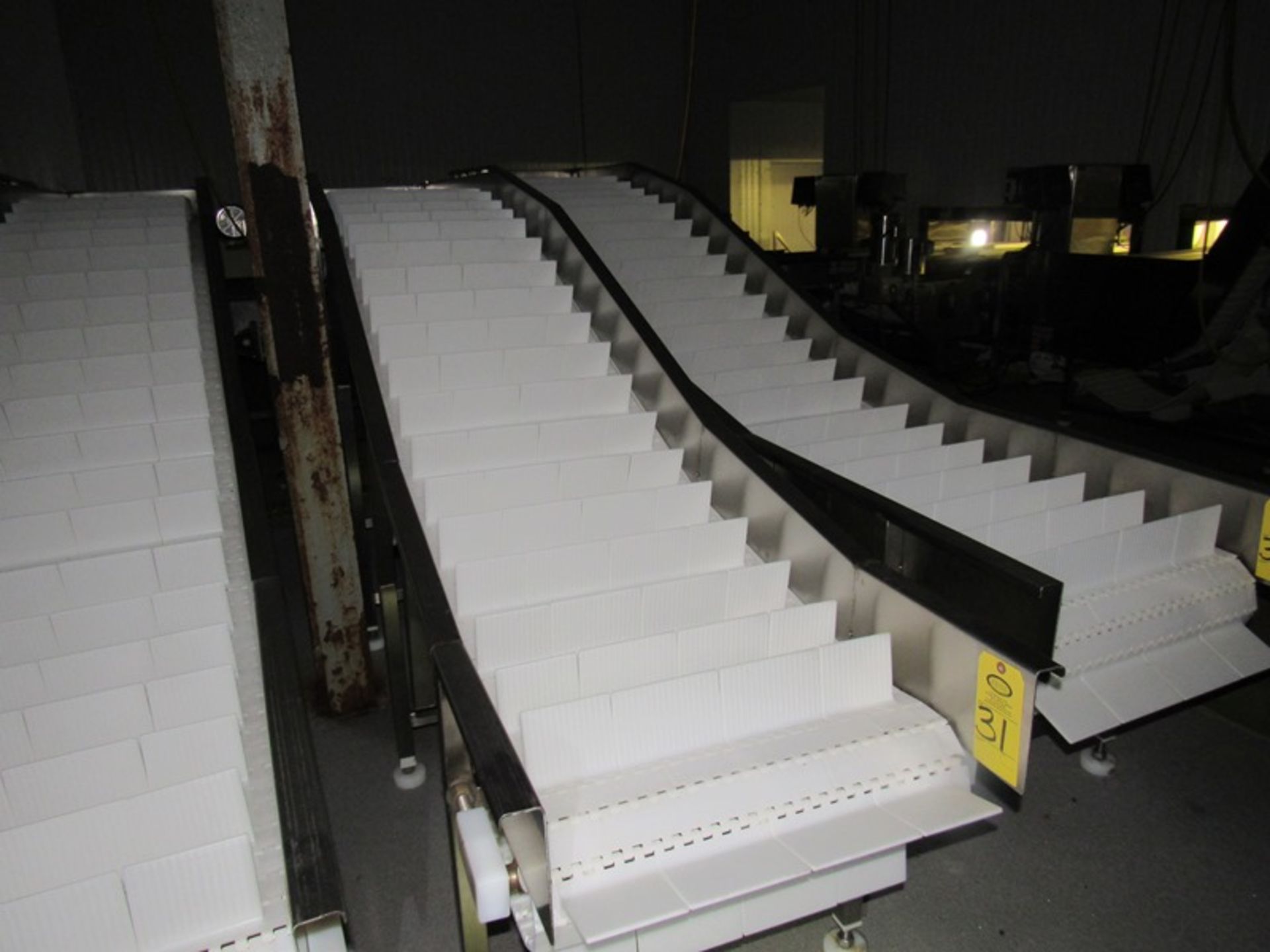 Stainless Steel Incline Conveyor, 24" W X 15' L flighted plastic belt, 4' discharge, 4" high