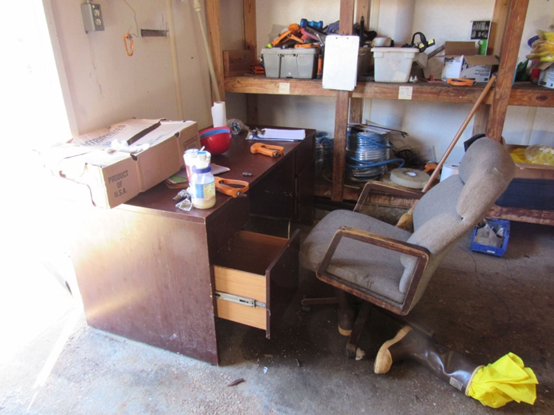 Lot Compressor Room Contents: Desk, Chairs, Hose, Sprayers, Bump Caps, Boots, Stainless Steel