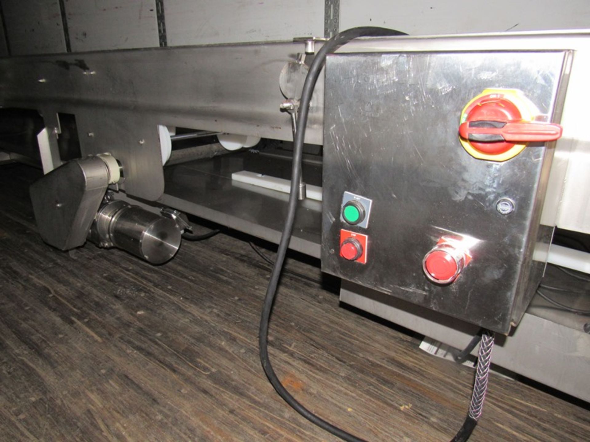 Stainless Steel Conveyor, 33" W X 22' L, (no belt) 4" long raises, stainless steel drip pan, 220 - Image 7 of 8